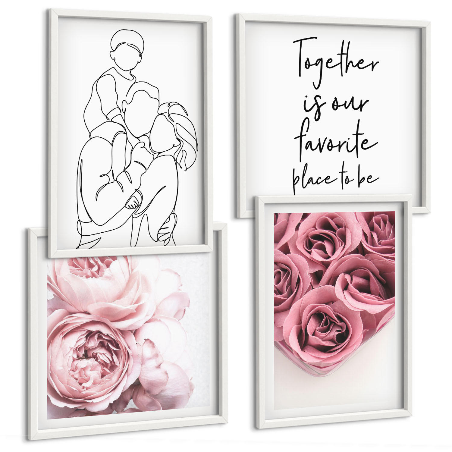BILDER SET 4er Set - 50x50 cm & 40x60 cm Weißer Rahmen - Rosensträuße als Familienzeichnung - Weiß, Kunststoff (50/50cm) - TULUP