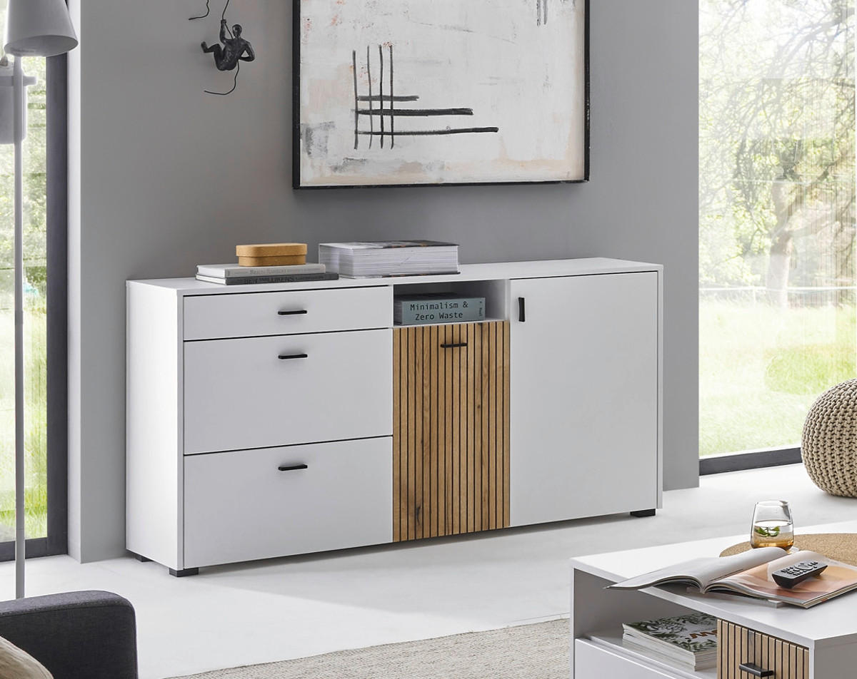 SIDEBOARD weiß matt, Eiche 150 cm, Kommode mit Soft-Close-Funktion - Eichefarben/Schwarz, Holzwerkstoff/Kunststoff (150/80/42cm) - Furn.Design