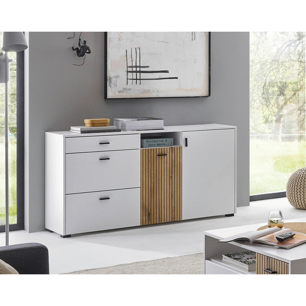 Thumbnail - Furn.Design Sideboard, Weiß, Eiche, Metall, Nachbildung,Eiche, Uni, Holz Optik, 3 Fächer, 3 Schubladen, Rechteckig, ecki...