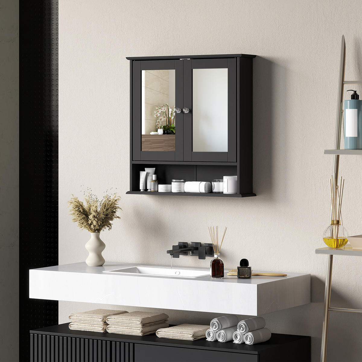 SPIEGELSCHRANK ,offenem Fach, verstellbarem Einlegeboden, 56 x 13 x 58 cm ,Schwarz - Schwarz, Glas (56/58/13cm) - Vallsero