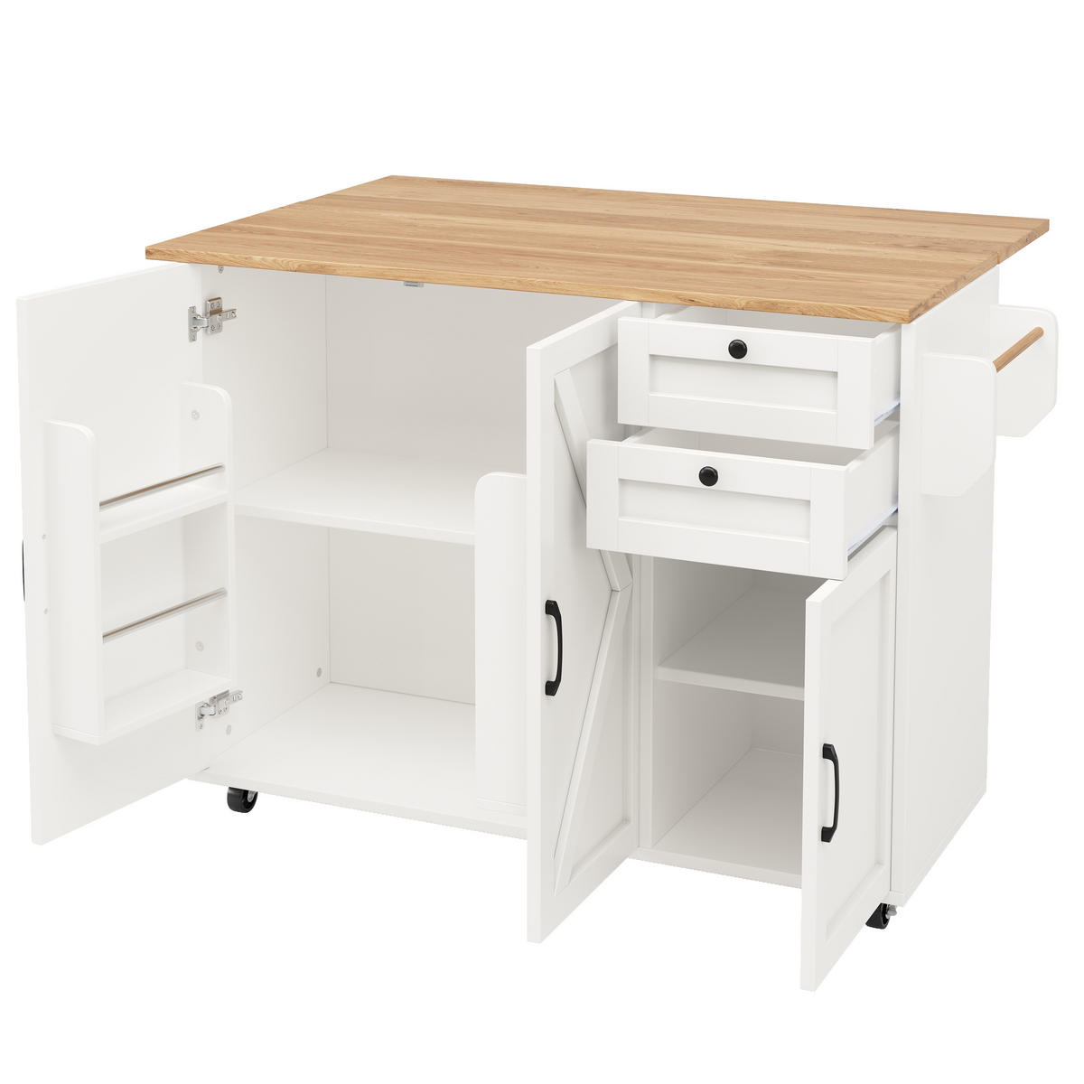 KÜCHENINSEL 120/71/92 cm Weiß mit Klapptisch, 2 Schubladen, 5 Rollen und verstellbaren Böden - Weiß, Holz/Holzwerkstoff (120/92/43.2cm) - Oxeza