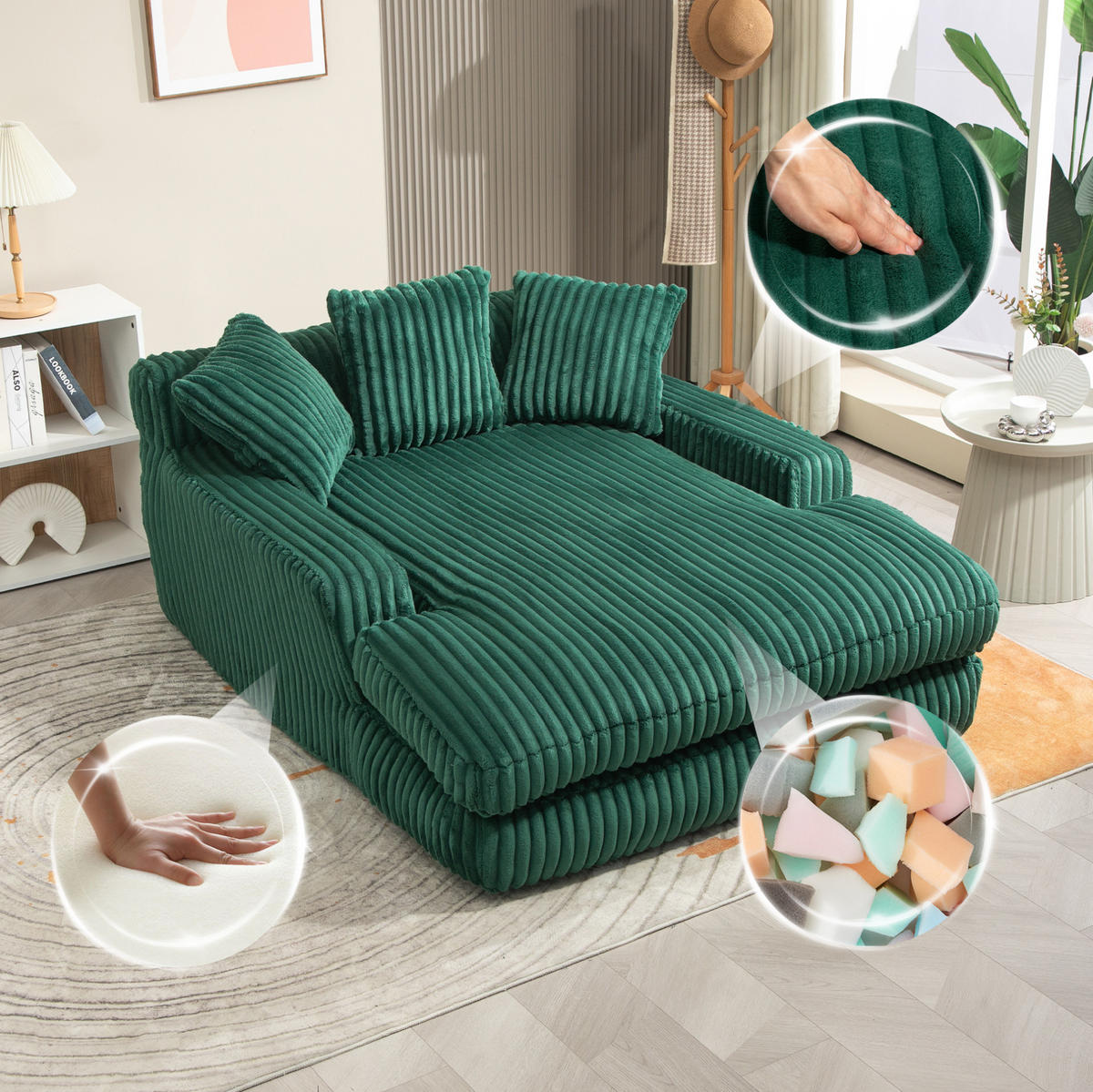 BIGSOFA 125/155/63 cm in Cord Smaragdgrün – bodennahe Chaiselongue mit 3 Kissen - Smaragdgrün, Textil (63/125/155cm) - BEAOK