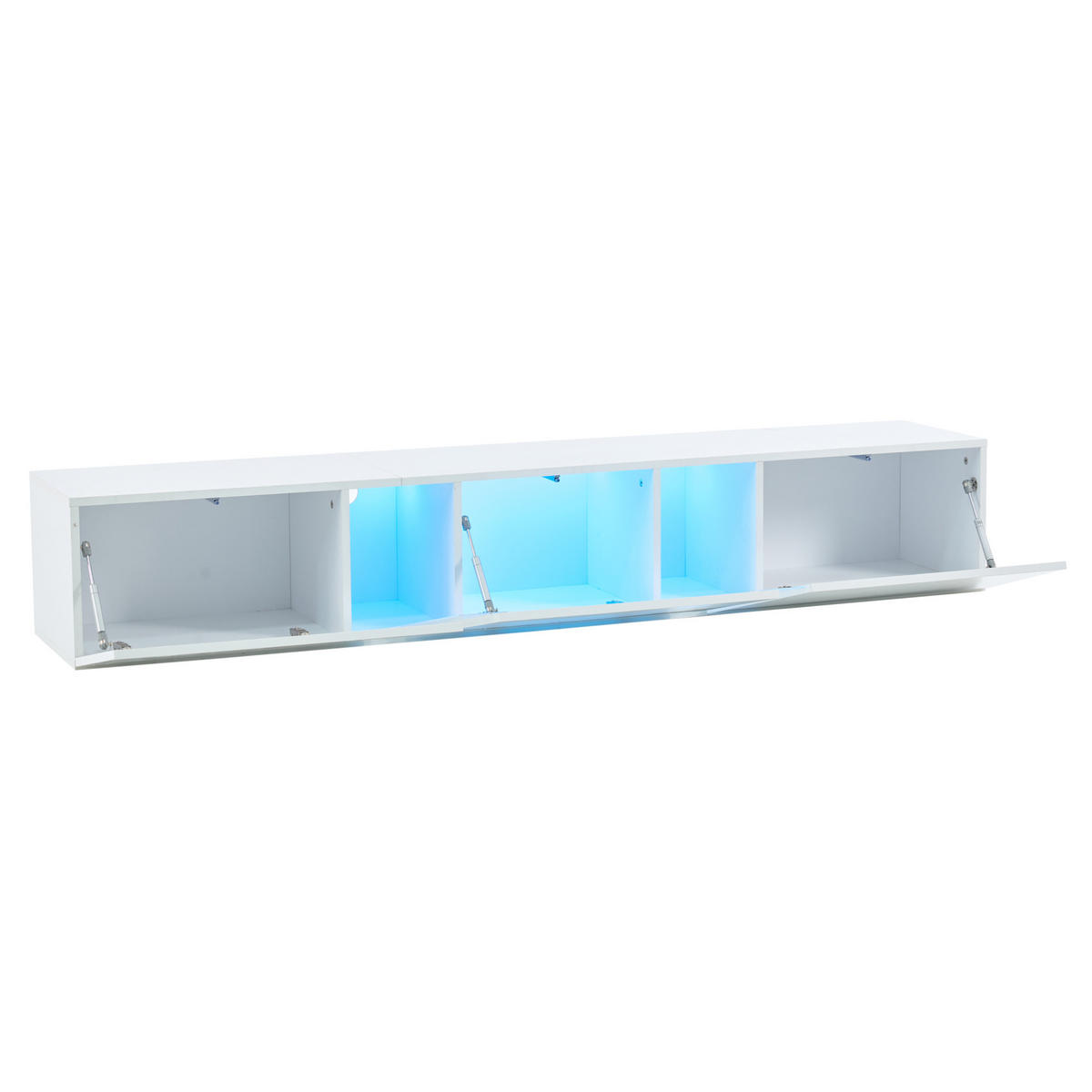 TV-LOWBOARD aus Spanplatte 180x35x30 cm Weiß mit LED-Beleuchtung, Wandmontage und 3 Klapptüren - Weiß, Holzwerkstoff (180/30/35cm) - Modfu