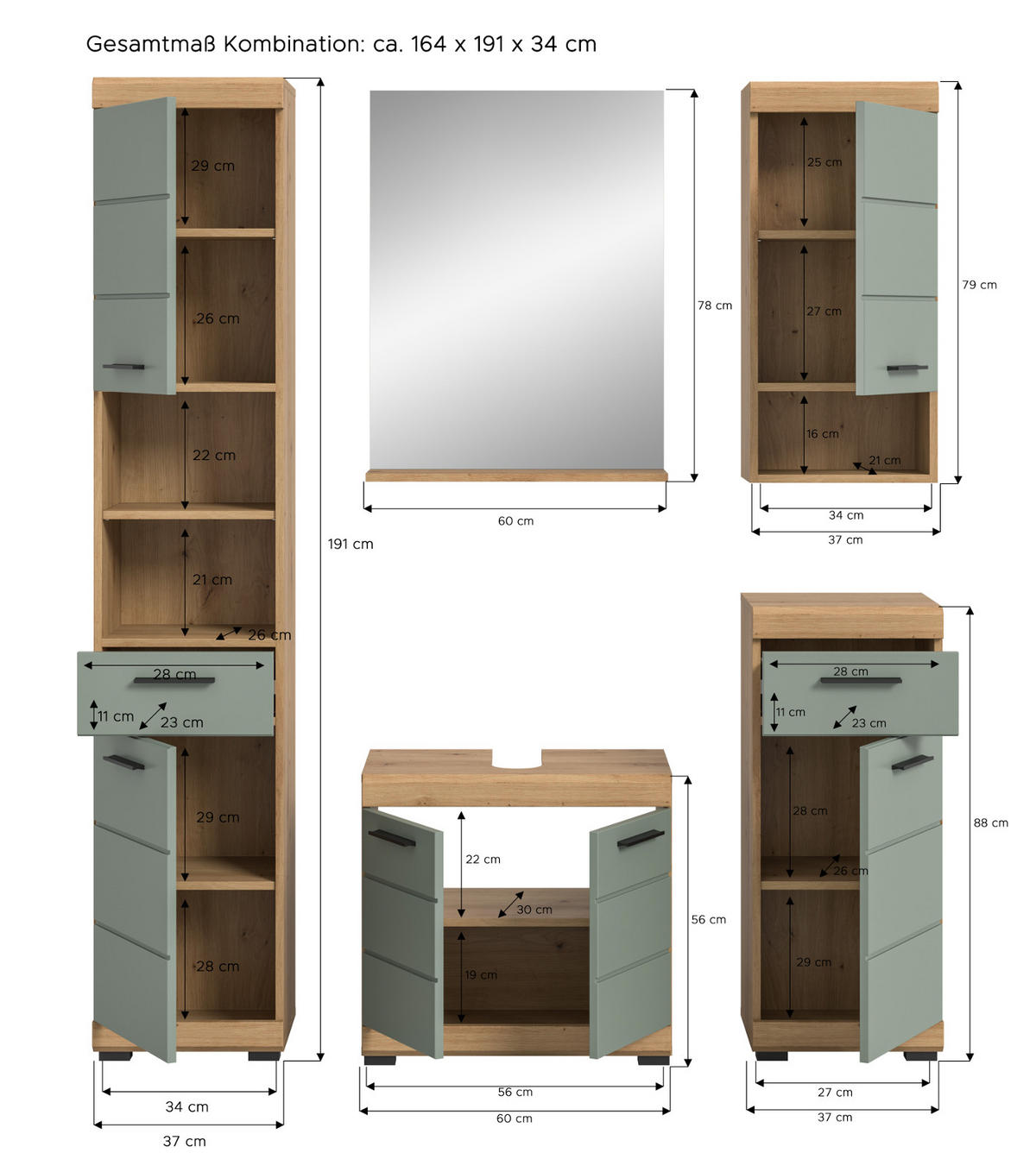 BADMÖBEL-SET Salbei grün, Eiche Artisan 5-teilig 164 cm, Komplettset mit viel Stauraum - Salbeigrün/Eiche Artisan, Glas/Holzwerkstoff (164/191/34cm) - Inn.Furn