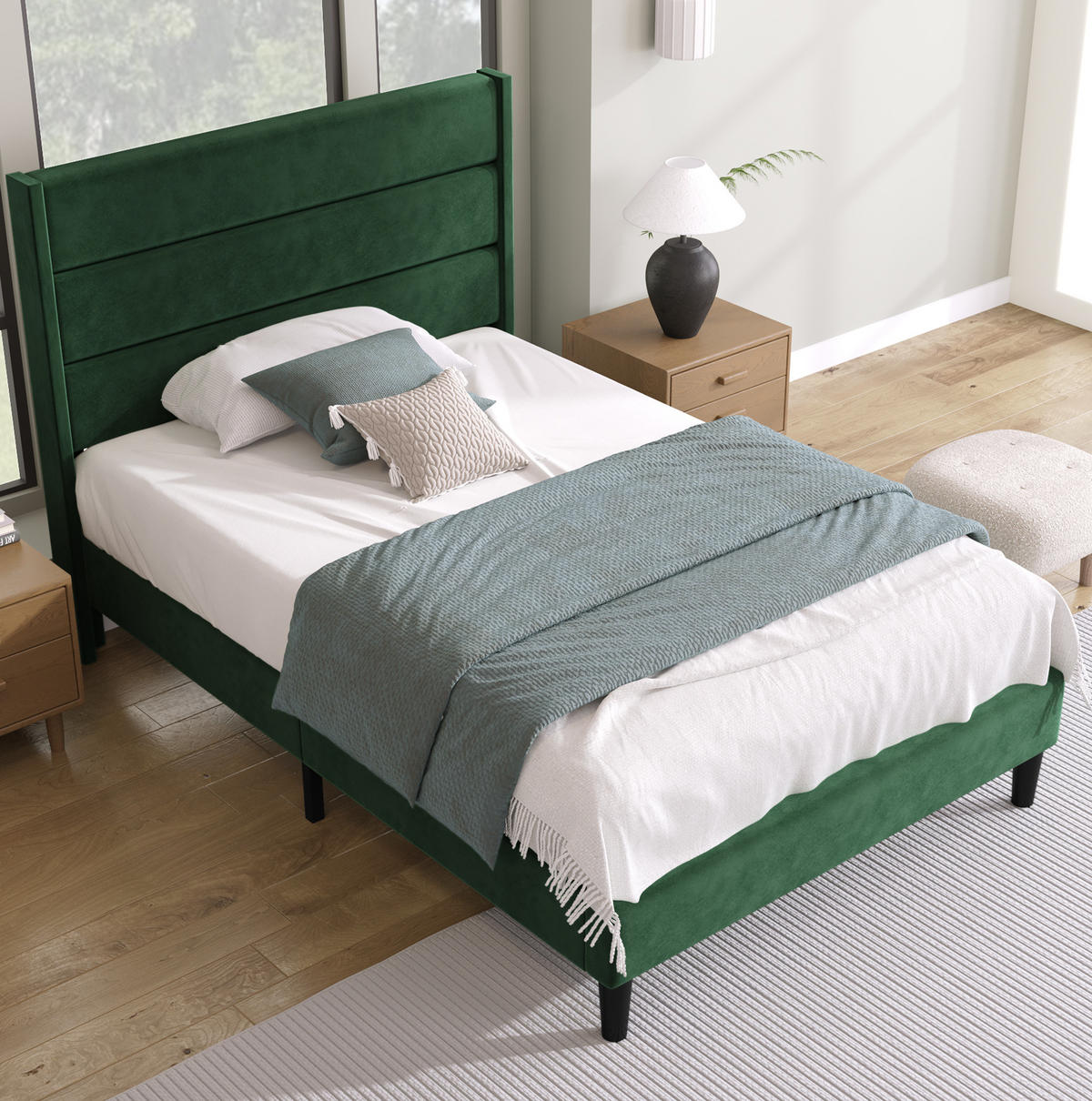 POLSTERBETT 90/200 cm mit Lattenrost, gepolstertem Kopfteil & rutschfesten Füßen, grün - Grün, Textil (90/200cm) - Redom