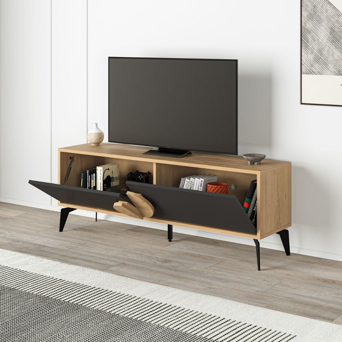 TV-MÖBEL 2 Türen Vae - L140 cm - Eiche Artisan/Grau, Holzwerkstoff (35/51/140cm) - Calicosy