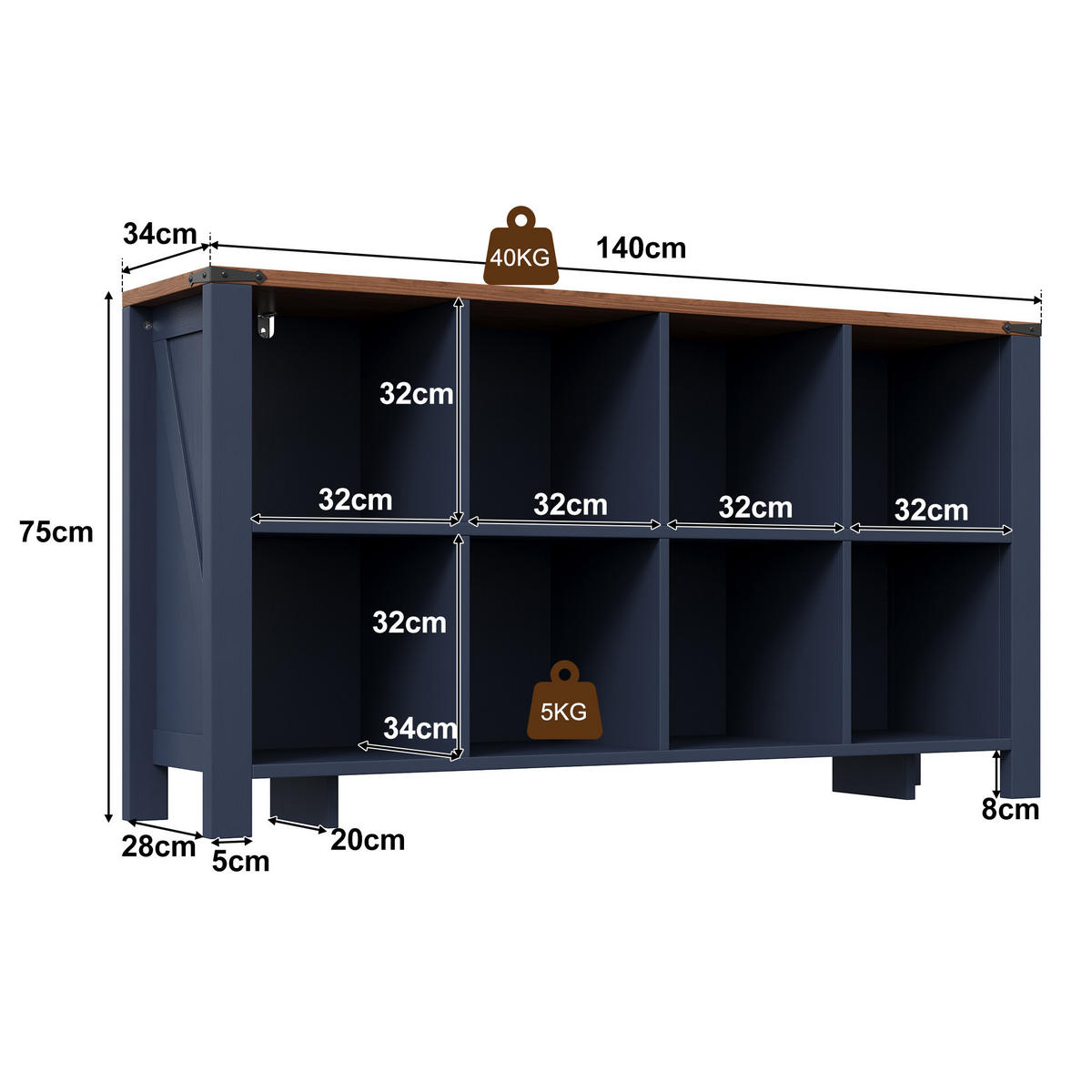 SIDEBOARD DE-38761 140/34/75 cm 8 Staufächer Blau/Holzoptik - Blau, Holzwerkstoff (140/75/34cm) - ComfortXL