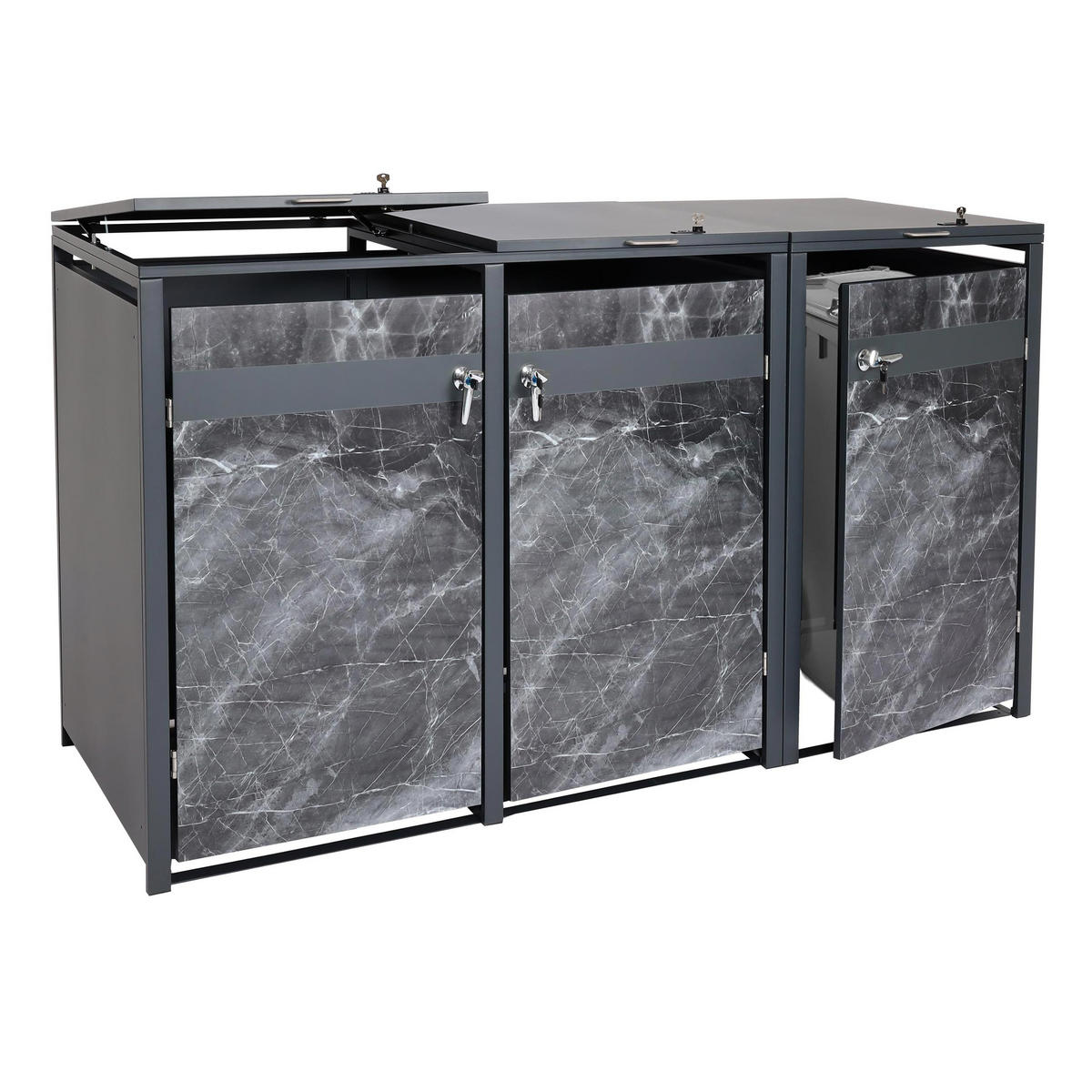 MÜLLTONNENBOX 3er 117x200x80cm Anthrazit Marmor-Optik dunkel - Creme, Metall (200/117/80cm) - PROREGAL