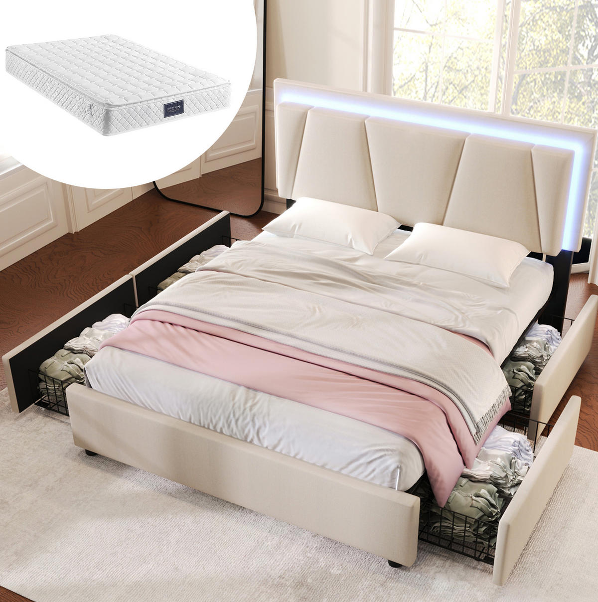 POLSTERBETT mit LED-Beleuchtung 140/200 cm mit 4 Schubladen & verstellbarem Kopfteil - Beige, Holz (140/200cm) - BEAOK