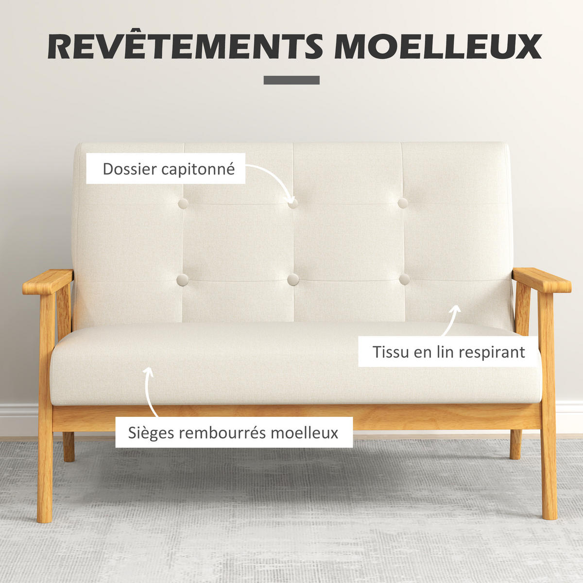 SOFA, 2-Sitzer, 115cm, skandinavisch, gesteppt, beige - Multicolor, Holzwerkstoff (115/73/66.5cm) - FORIOUS