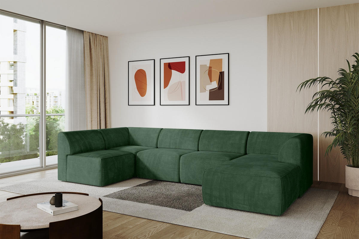 WOHNLANDSCHAFT Ottomane Rechts MOVA 345x180x78 Grün Cord - Waldgrün/Schwarz, Holzwerkstoff/Kunststoff (345/78/180cm) - ALTDECOR