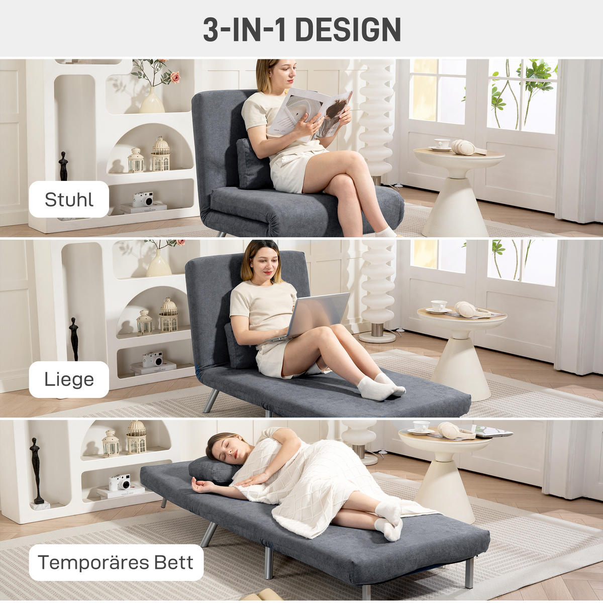 SCHLAFSESSEL 3-in-1 klappbar Schlafsofa mit Bettfunktion Relaxsessel Dunkelgrau - Dunkelgrau/Silberfarben, Textil/Metall (75/83/80cm) - HOMCOM