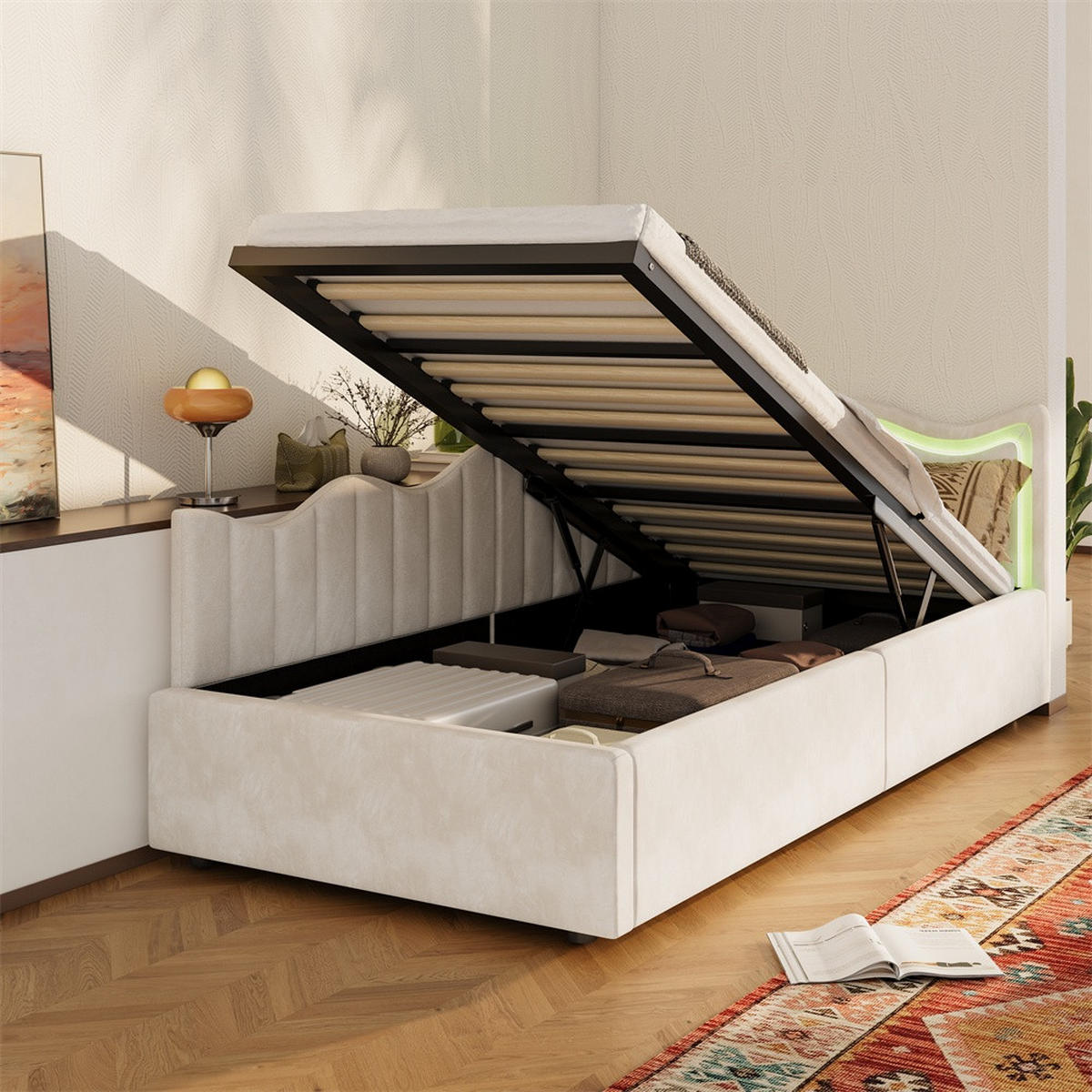 EINZELBETT 90x200cm - Polsterbett mit hydraulischem Stauraum und LED-Beleuchtung - ohne Matratze - Creme-Weiß - Beige, Textil (90/200cm) - DELFA