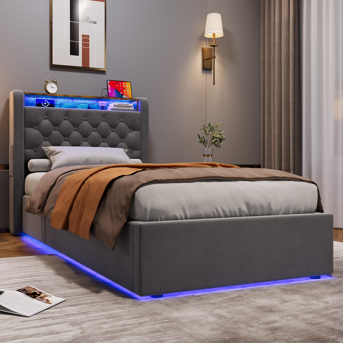 ČALOUNĚNÁ postel 90x190 cm s hydraulickým lůžkovým boxem, zásuvkami, sklopným čelem postele, LED osvětlením, Šedá - šedá, textil (90/190cm) - Redom