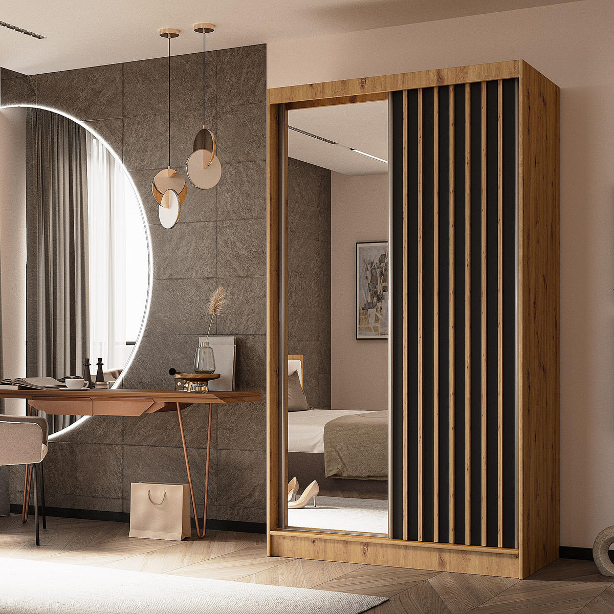 SCHWEBETÜRENSCHRANK LAMELLO 120/216/61 cm 2-türig mit Spiegel Eiche Artisan - Schwarz/Eiche Artisan, Holzwerkstoff (120/216/61cm) - MASSENO