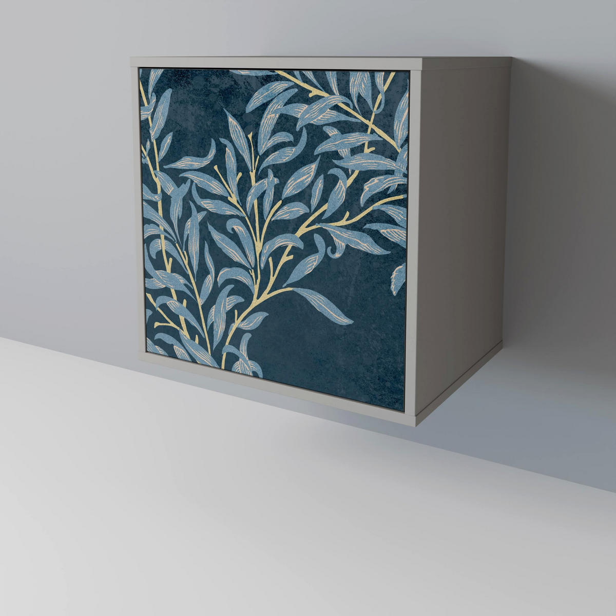 SIDEBOARD BLUE LEAVES, Grau, 57,5x42x72,5 cm, Schwarze Metallfüße - Multicolor/Schwarz, Holzwerkstoff/Metall (57.5/72.5/42cm) - SpaceRebels