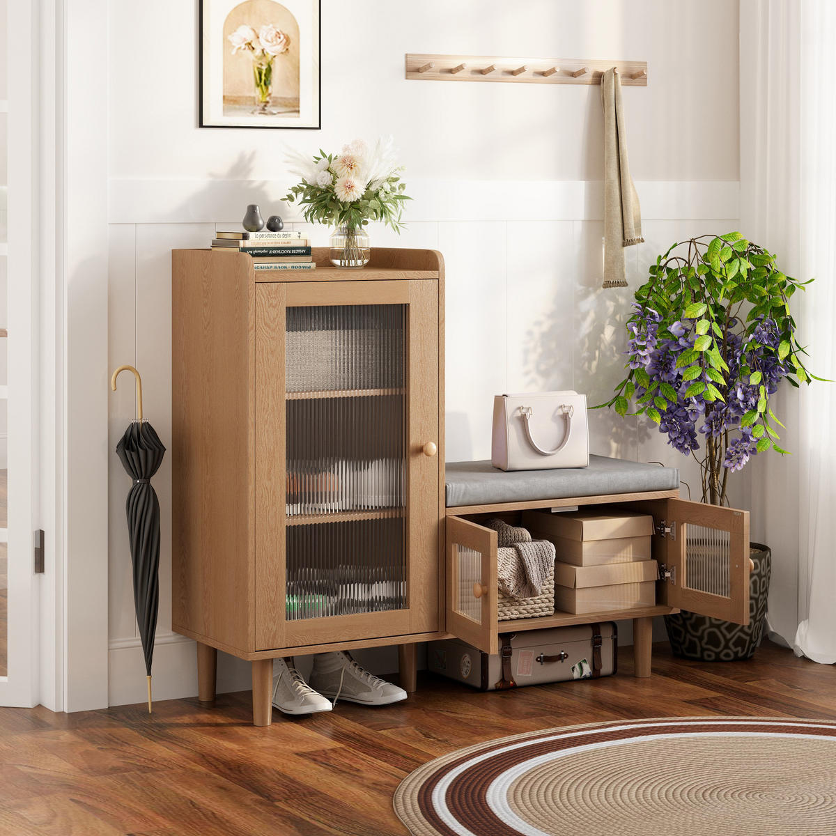 SCHUHSCHRANK mit Sitzbank 100cm Naturfarben Schuhkommode Flur Bank mit Stauraum - Naturfarben, Holz (100/90/35cm)