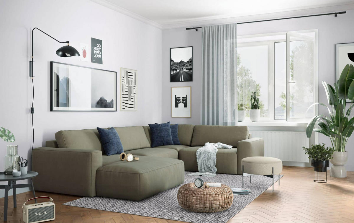 WOHNLANDSCHAFT mit wasserabweisendem Stoff - Schwarz/Grün, Holz/Kunststoff (249/89/367cm) - Cotta