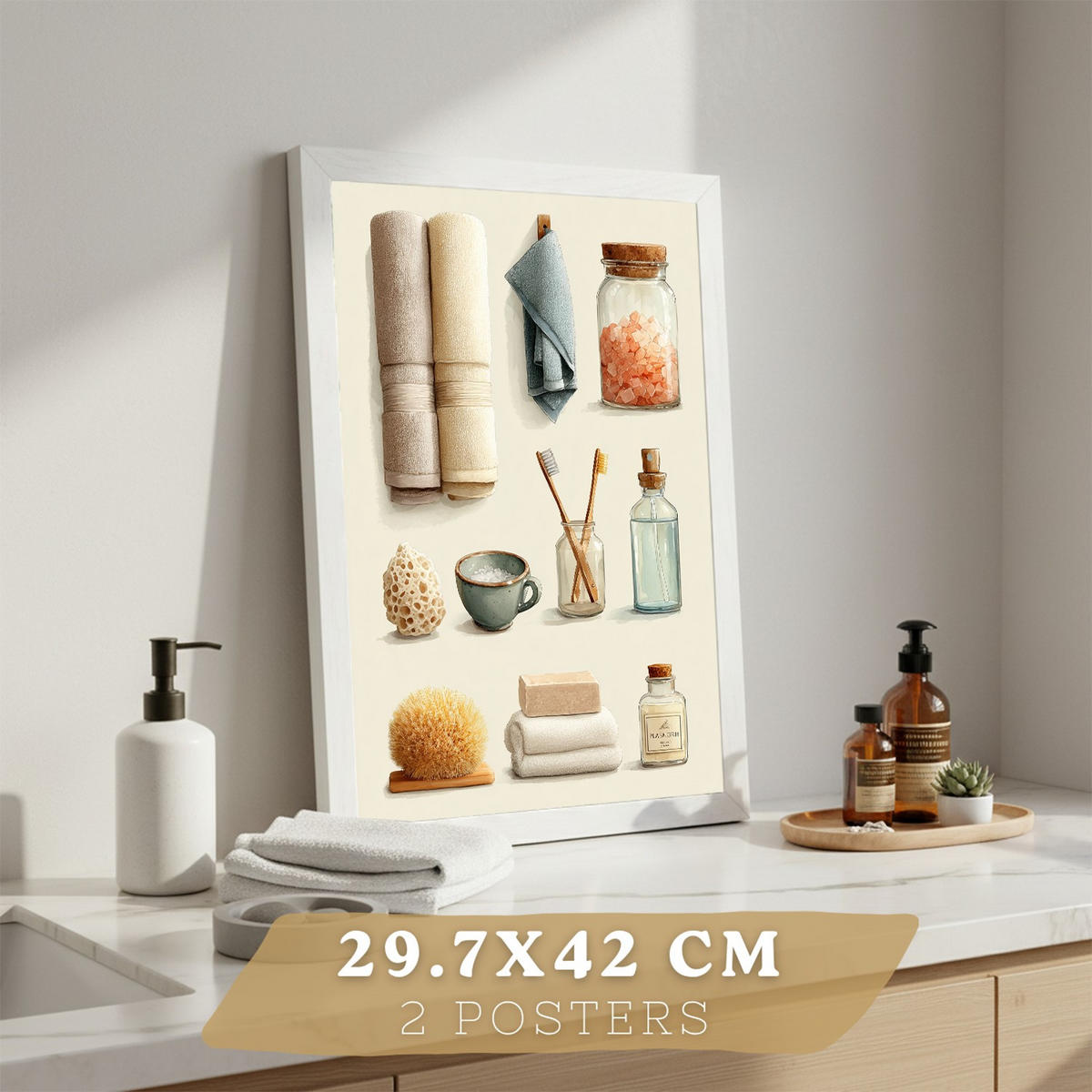 POSTER 2er Set dekorativen Badezimmerbildern mit Motiven von Handtüchern, Seifen, Badesalz. Verschönern Sie Ihr Badezimmer. Weißer Rahmen A3 - Weiß, Papier (42/29.7/3cm) - Nacnic