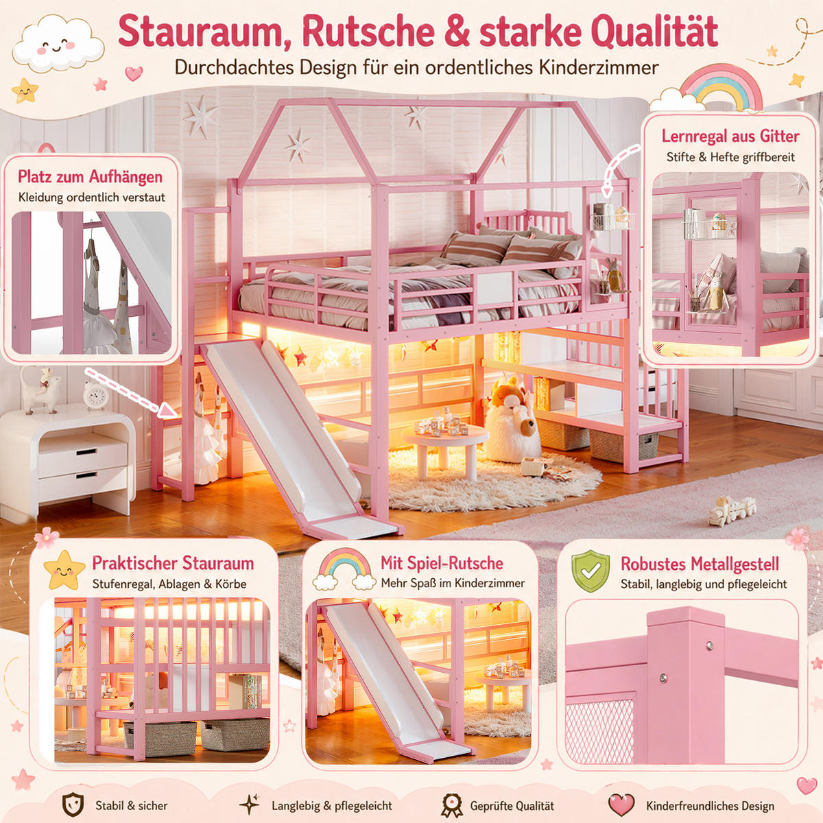 HOCHBETT 140/200cm mit Rutsche, LED/Treppe, Metall, Rosa - Rosa, Metall (140/200cm) - LVHOM