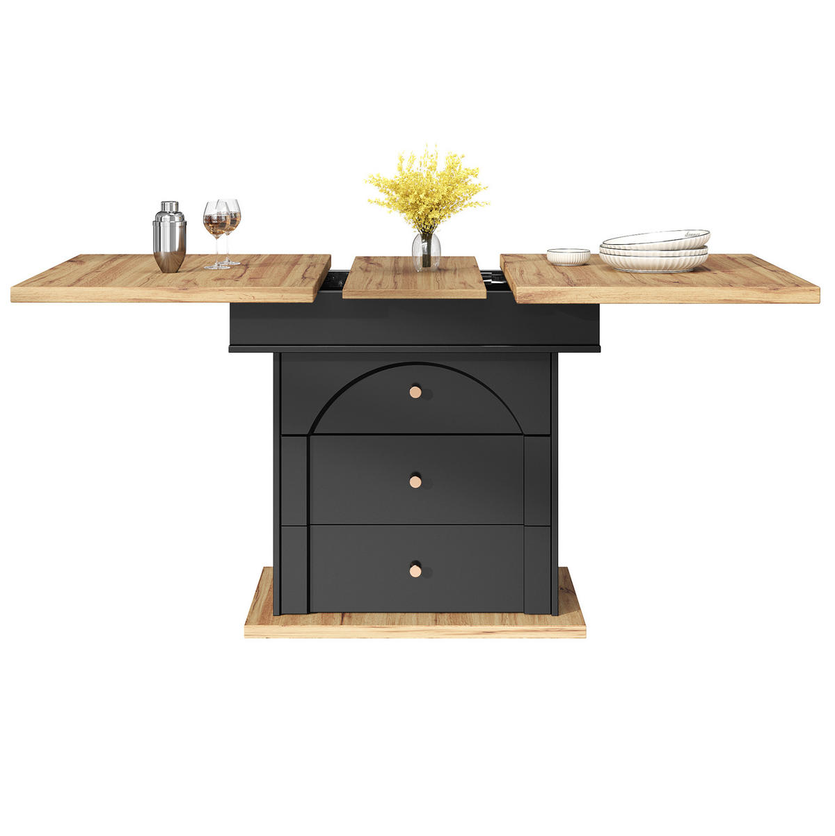 ESSTISCH aus MDF 110-140x80x75 cm Schwarz/Natur ausziehbar mit Stauraum und magnetischer Klapptür - Schwarz, Holzwerkstoff (110/80/75cm) - Modfu
