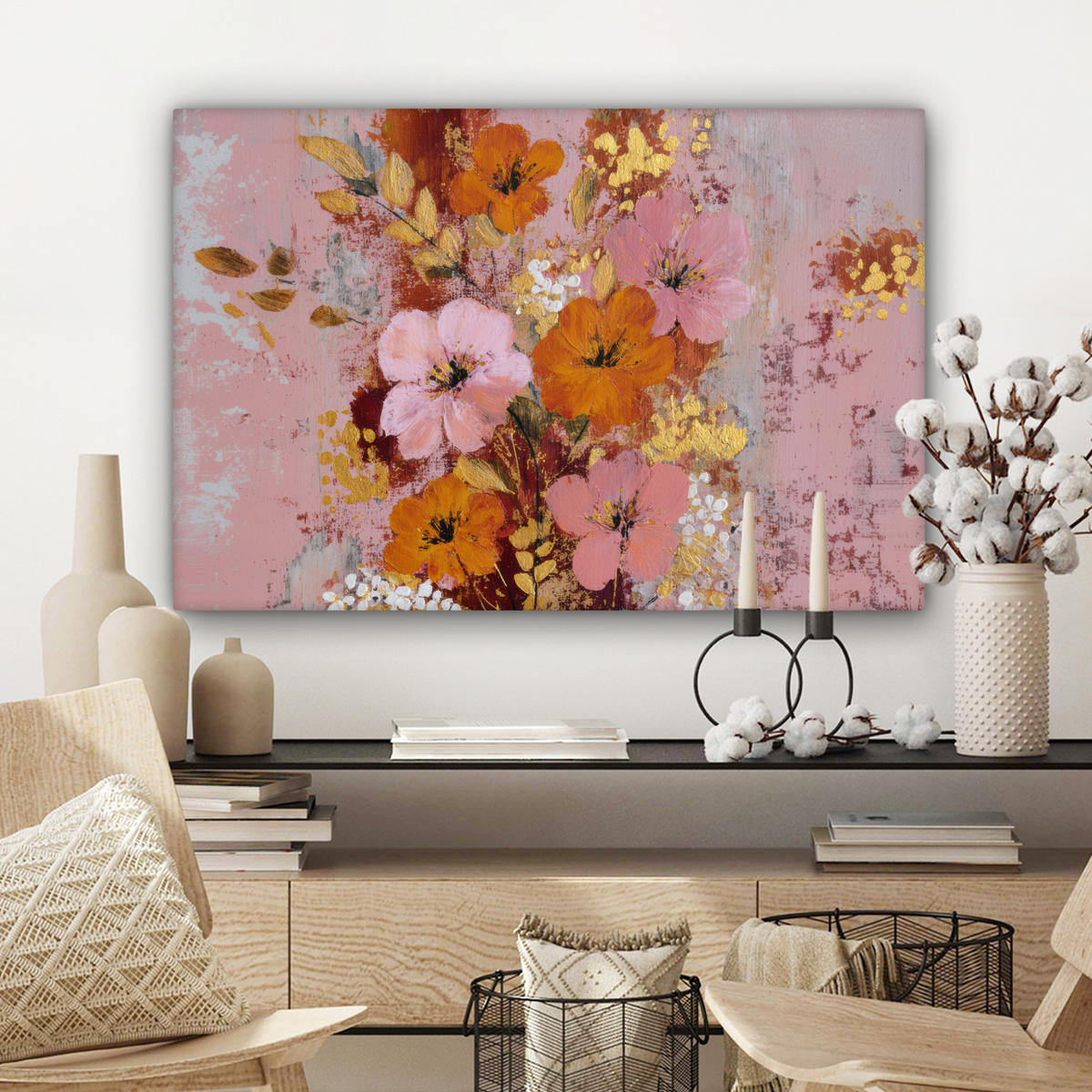 LEINWANDBILD Malerei - Blumen - Rustikal - Rosa Wanddeko 90x60 cm - Altrosa, Textil (90/60cm) - MuchoWow