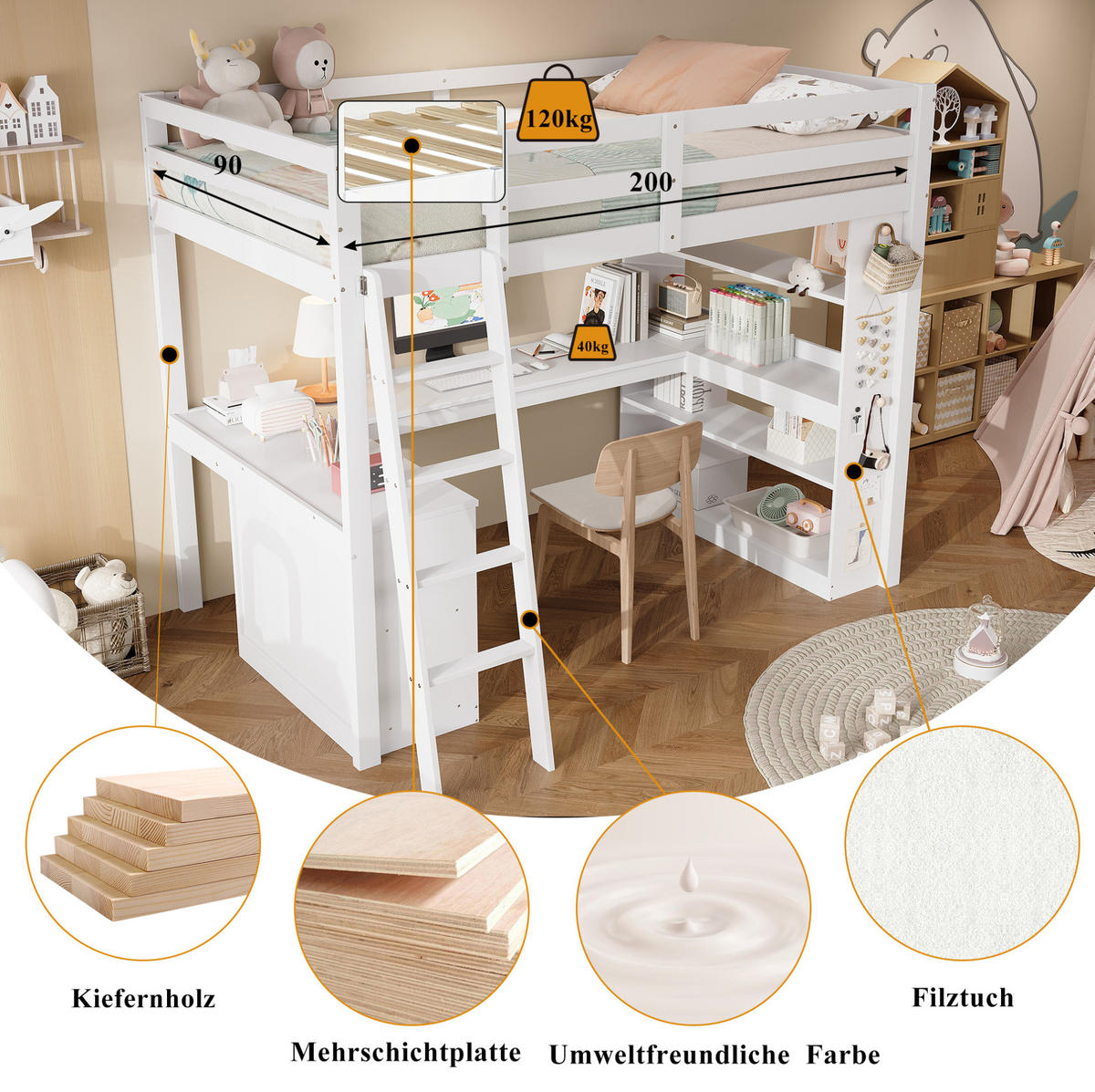 HOCHBETT 90/200 cm in Weiß mit Ablageregal und Filztuch - Weiß, Holz (90/200cm) - Flora Grace