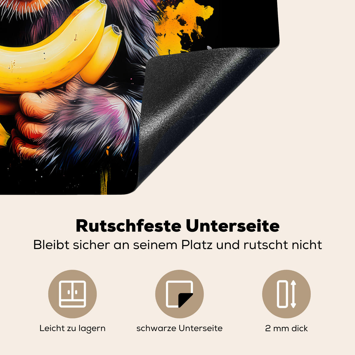 HERDABDECKPLATTE Affe - Graffiti - Farbenfroh - Bananen - Modern 59x52 cm - Gelb, Kunststoff (59/52/0.2cm) - MuchoWow