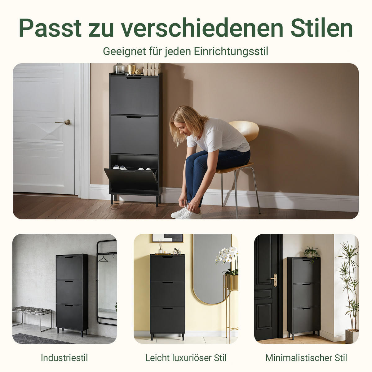 SCHUHSCHRANK mit 3 Klappen, Schwarz 50x129x19cm - Schwarz, Holzwerkstoff/Metall (50/129/19cm) - SoBuy