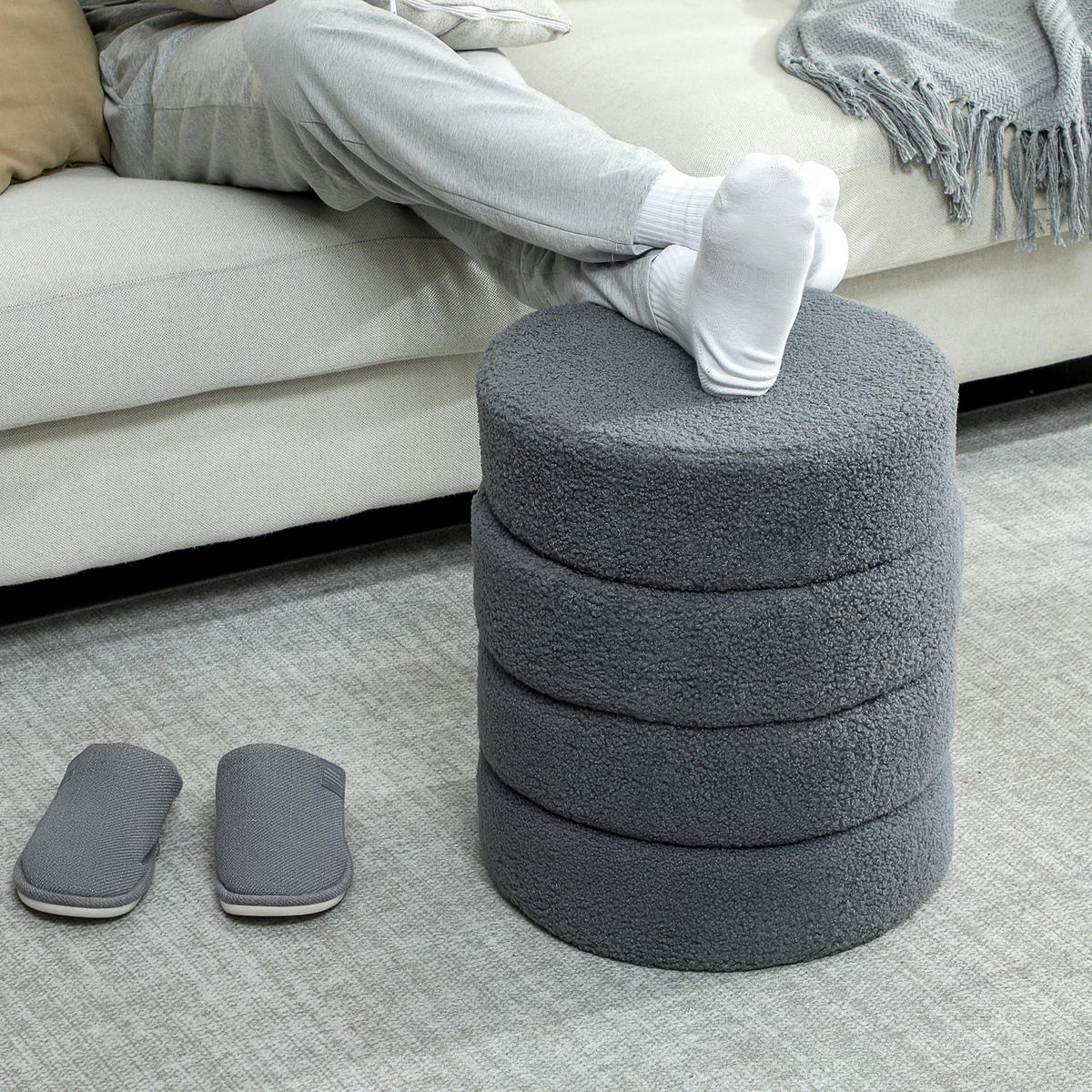 SITZHOCKER, Fußhocker, Runder Polsterhocker, Fußstütze mit Sitzkissen - Dunkelgrau/Naturfarben, Holz/Textil (40/45/40cm) - HOMCOM