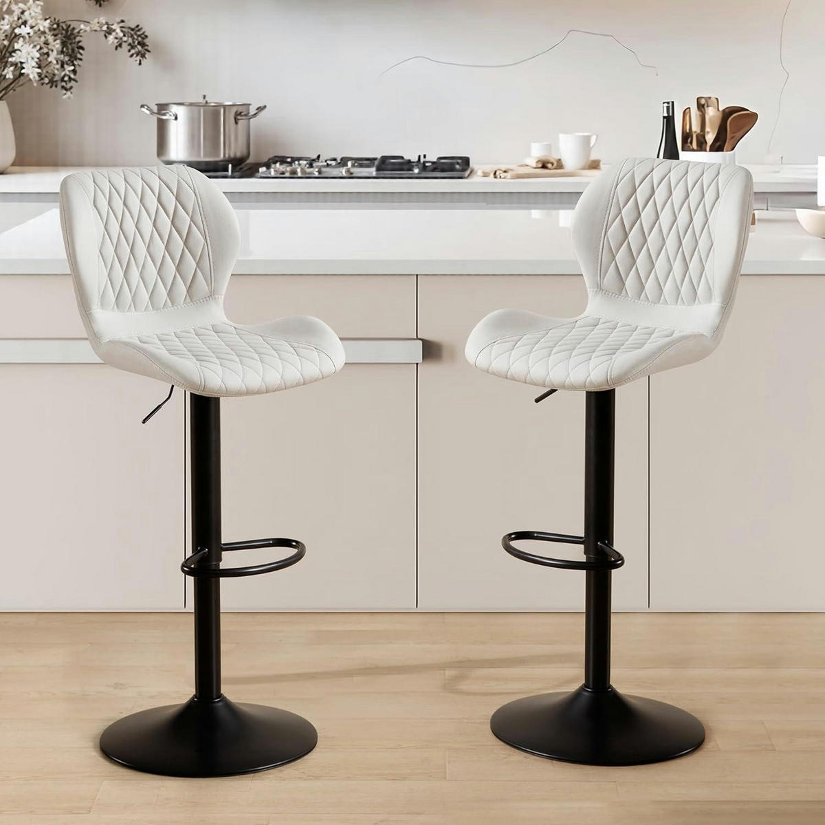 BARHOCKER mit Lehne, höhenverstellbar, PU-Kunstleder, Beige - Weiß, Kunststoff (46.5/111/38cm)
