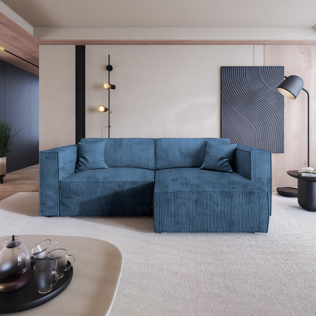 ECKSOFA NERIO P Blau Kordstoff mit Schlaffunktion - Blau/Grau, Holz/Kunststoff (245/148cm) - MASSENO