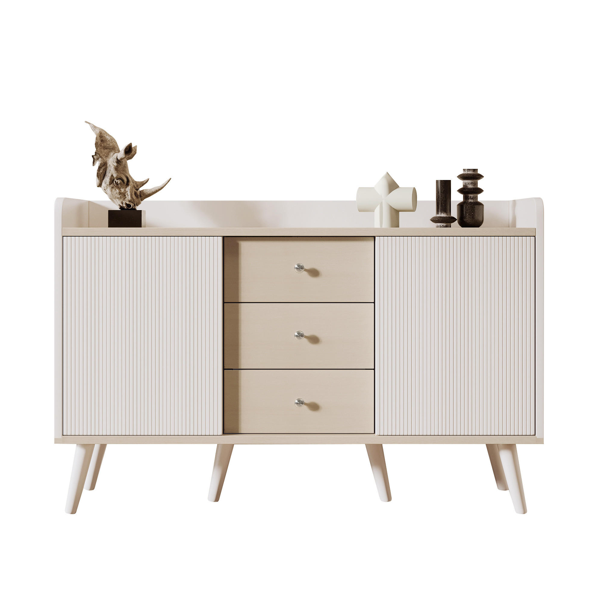 SIDEBOARD mit 2 gestreiften Schiebetüren und 3 Schubladen, MDF mit Massivholzbeinen, 117,5/39,5/79 cm, Weiß und Holzoptik - Weiß, Holzwerkstoff (39.5/117.5/79cm) - Redom