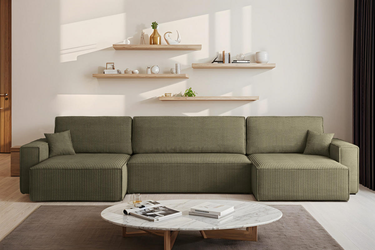ECKSOFA Mit Schlaffunktion Und Bettkasten BEST U XL Stoff Poso Olive - Olivgrün, Holz (142/372cm) - Kaiser Möbel