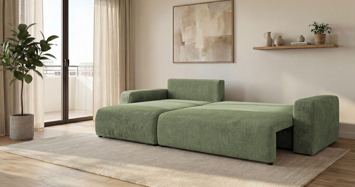 ROHOVÁ pohovka BERLIN levá světle zelená manšestr Poso 47 - funkce spaní, úložný prostor - světle zelená, textil (285/185cm) - Cornero