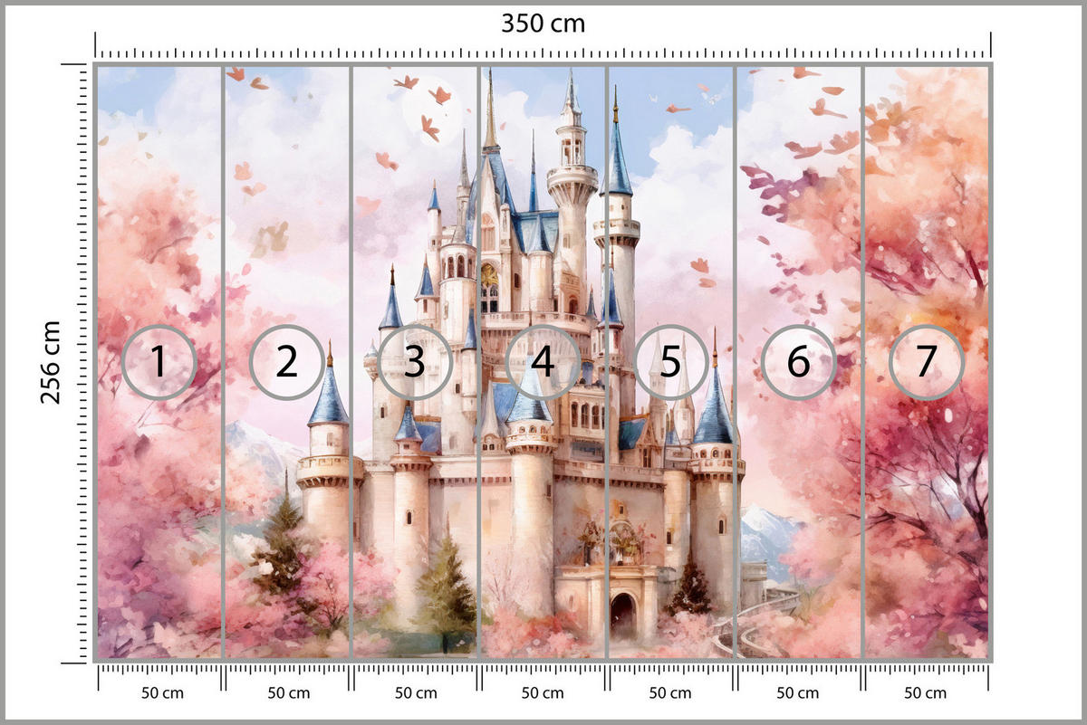 FOTOTAPETE für Kinderzimmer Märchenschloss Aquarell 350x256 - Blau/Violett, Papier (350/256cm) - Muralo