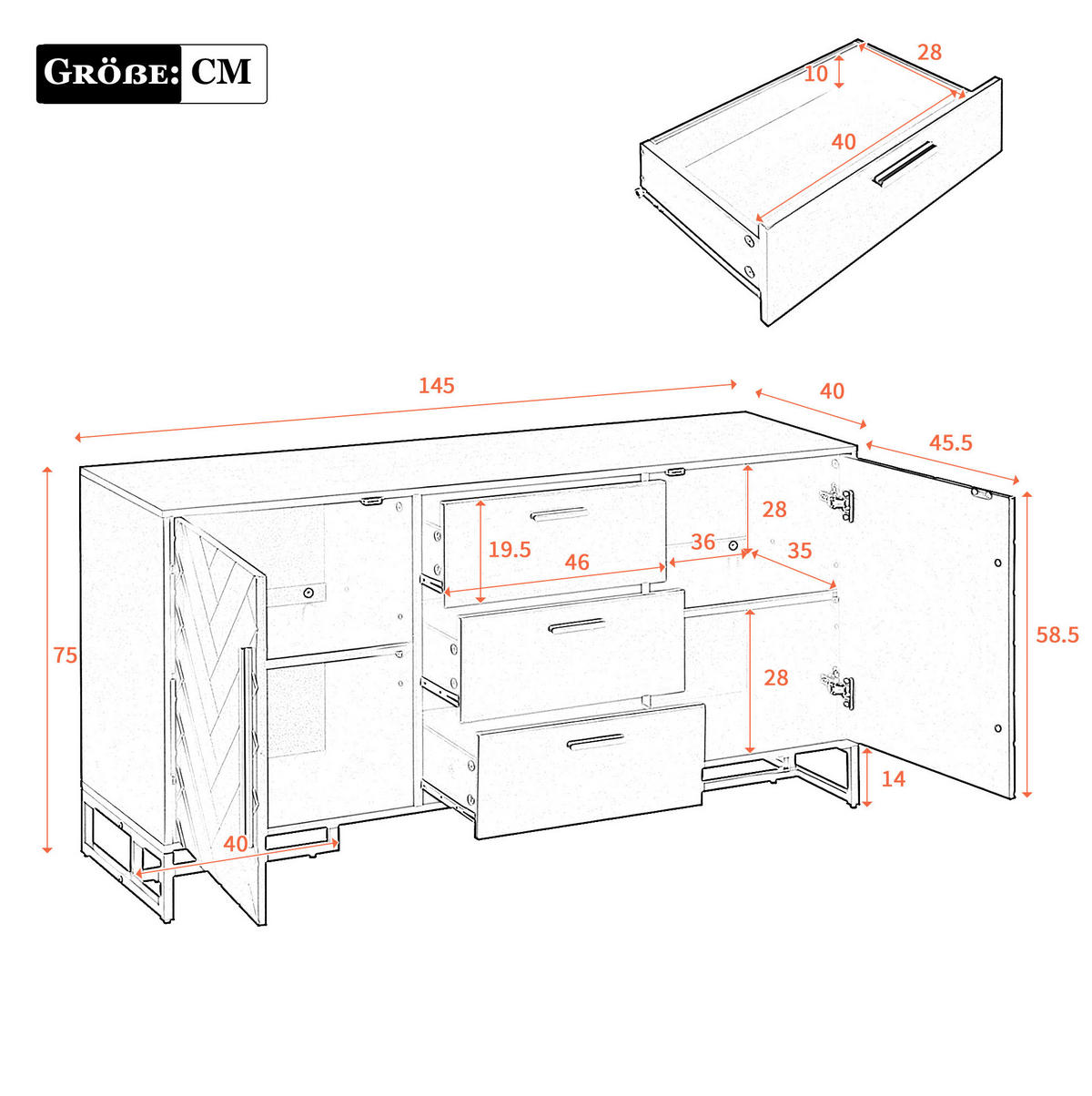 SIDEBOARD 145/40/75 cm weiß aus MDF-Holzwerkstoff mit Fischgrätenmuster und 3 Schubladen - Weiß, Holzwerkstoff (145/75/40cm) - OKWISH