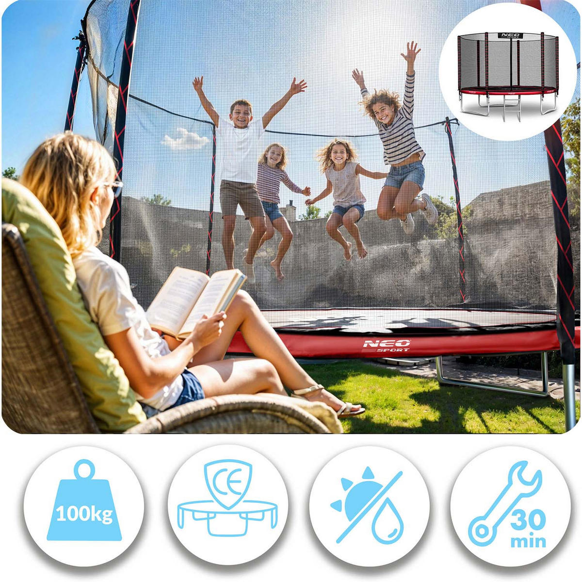 GARTENTRAMPOLIN 8 ft/252 cm mit Außennetz und Leiter - Rot, Metall (252/252cm)