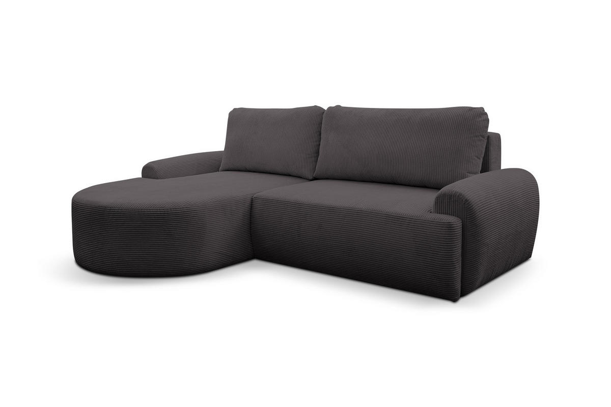 ECKSOFA Dream Cord in L-Form mit Schlaffunktion und Bettkasten, Farbe: Grau, Cordstoff, Ottomane Links - Grau, Textil (136/260cm) - VENASI MÖBEL