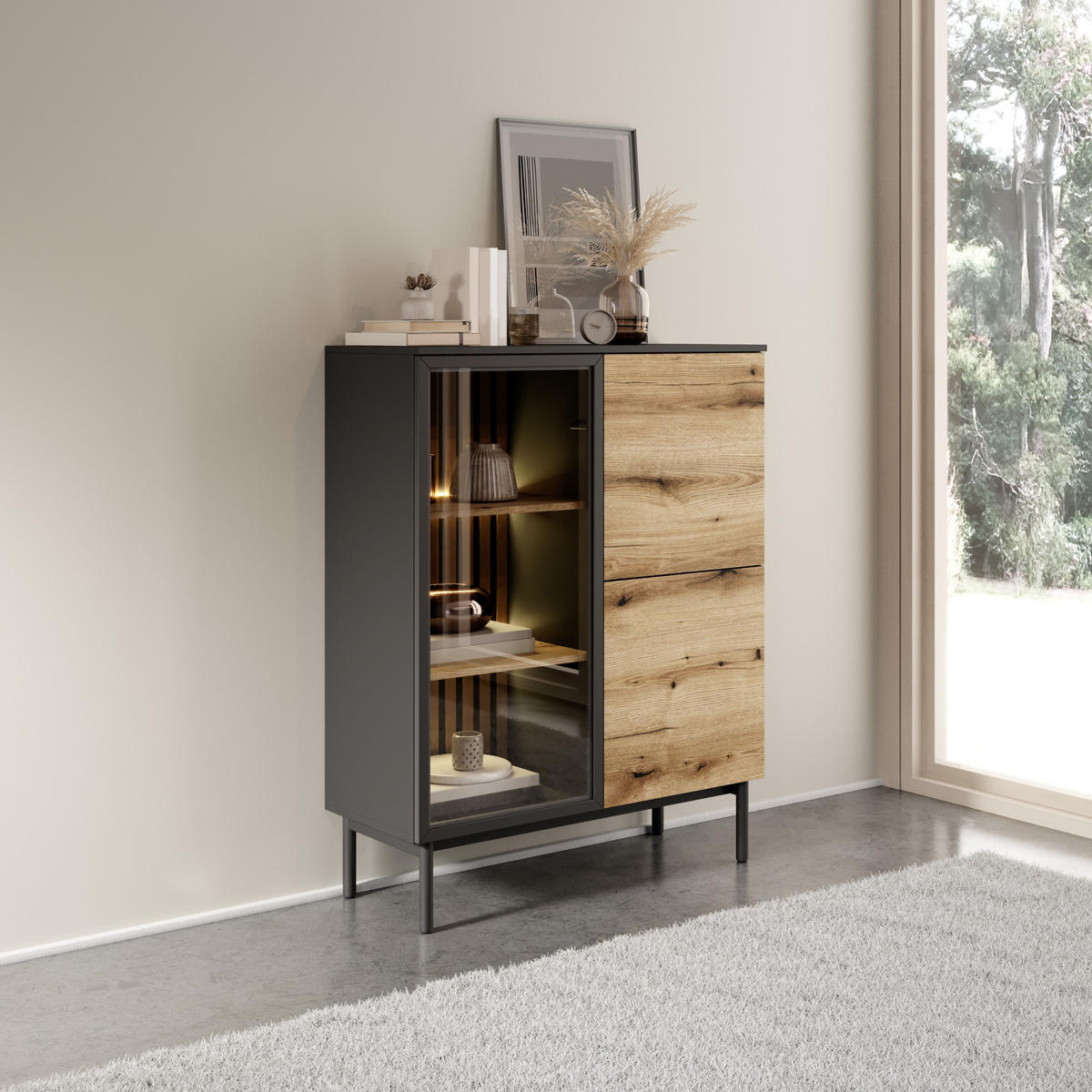 VITRINE in Schwarz, Goldfarben - Schwarz, Holzwerkstoff (100.1/125.4/39.4cm) - MASSENO