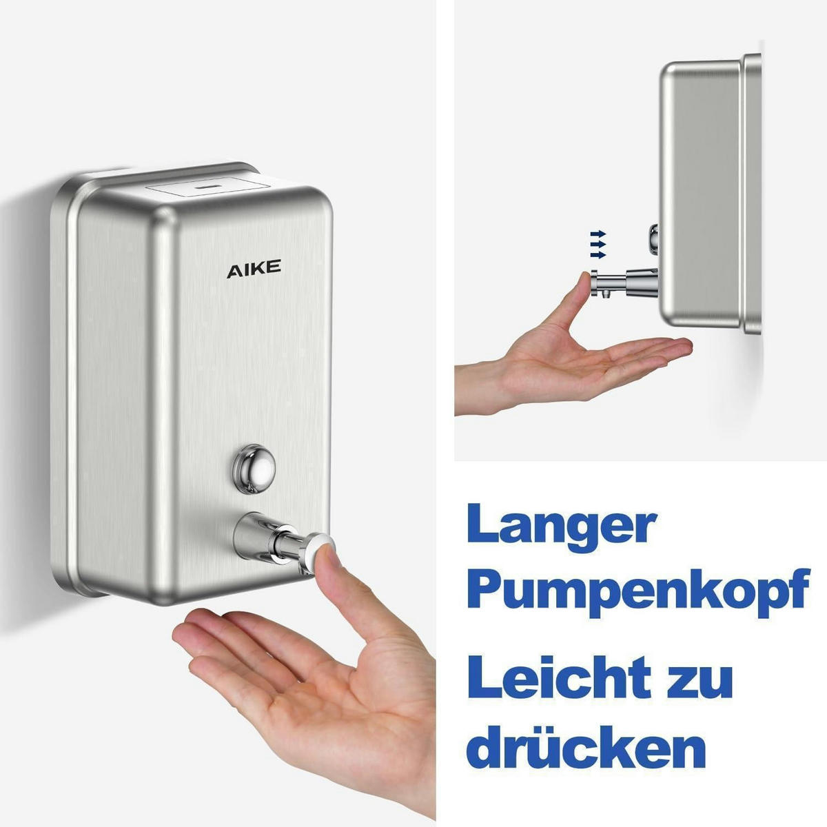 SEIFENSPENDER Edelstahl 1100 ml Wandmontage ohne Bohren gebürstet - Silberfarben, Metall (12.5/20.5/12.7cm)