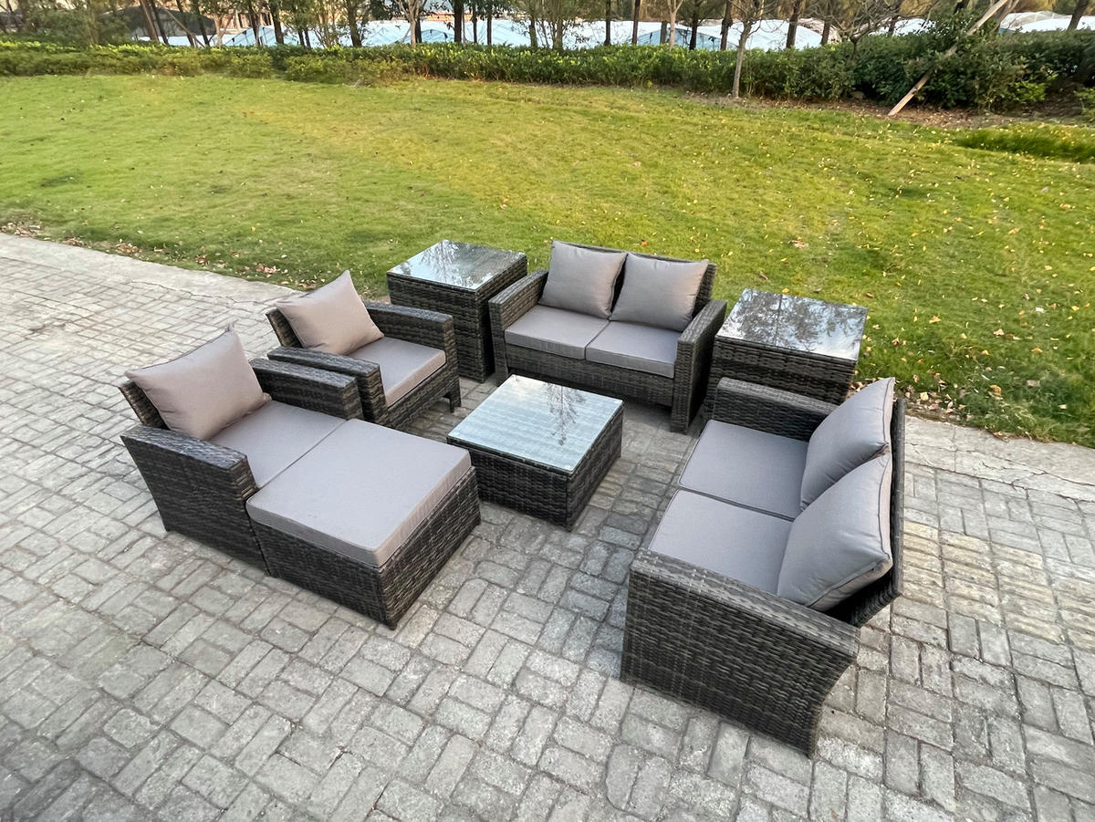 GARTENGARNITUR Polyrattan Dunkelgrau 7-Sitzer - Dunkelgrau, Metall - Fimous