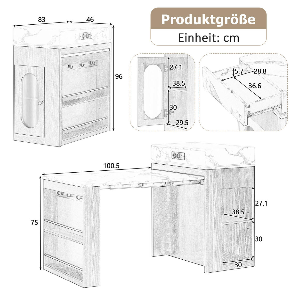 KUCHYŇSKÝ ostrov z MDF a skla 146x83x96 cm černý s rozkládací deskou, zásuvkou, policemi a vestavěnými zásuvkami - černá, kompozitní dřevo (146.5/96/83cm) - Modfu