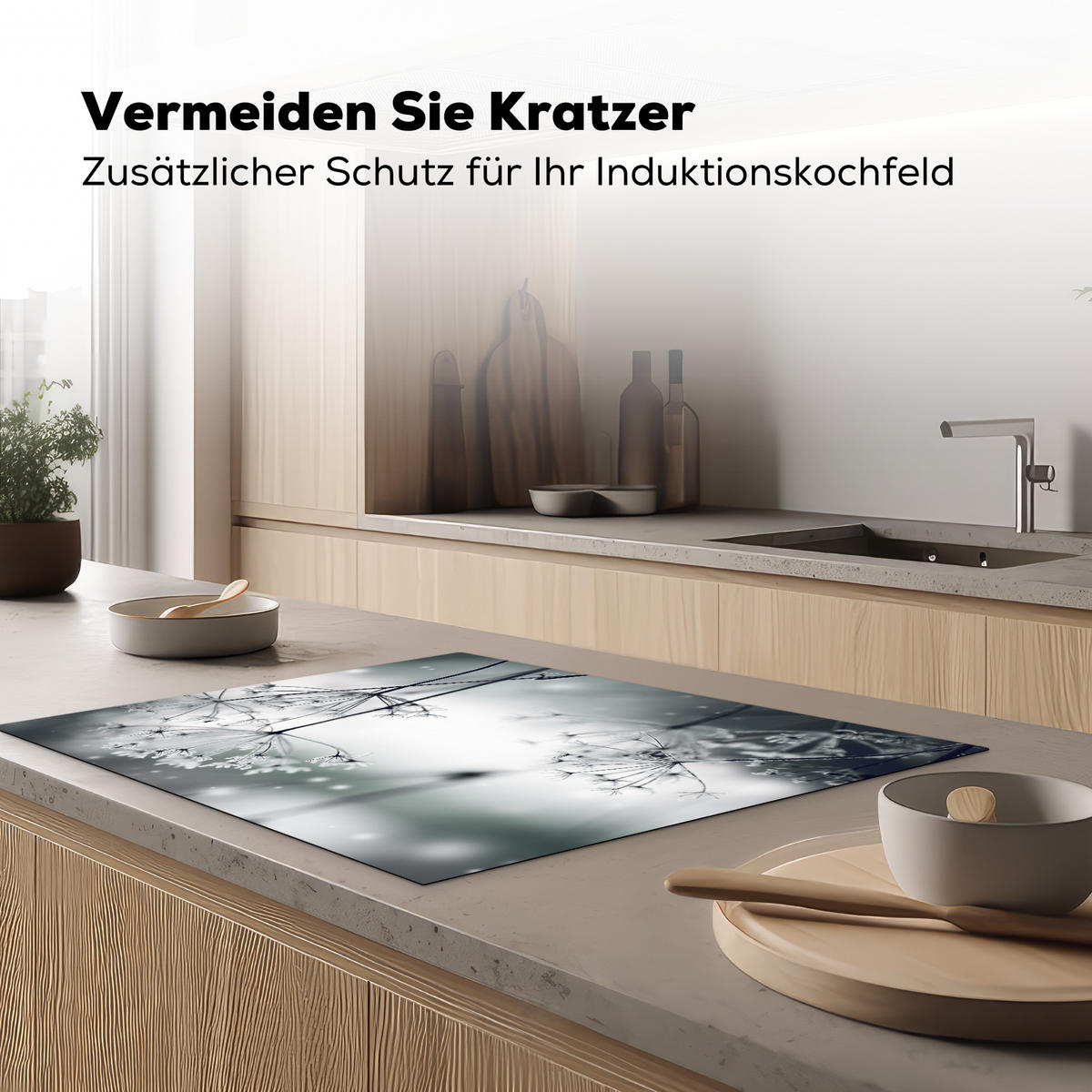 HERDABDECKPLATTE Blumen - Winter - Schnee - Natur Induktionsmatte 77x59 cm - Grau, Kunststoff (77/59/0.2cm) - MuchoWow