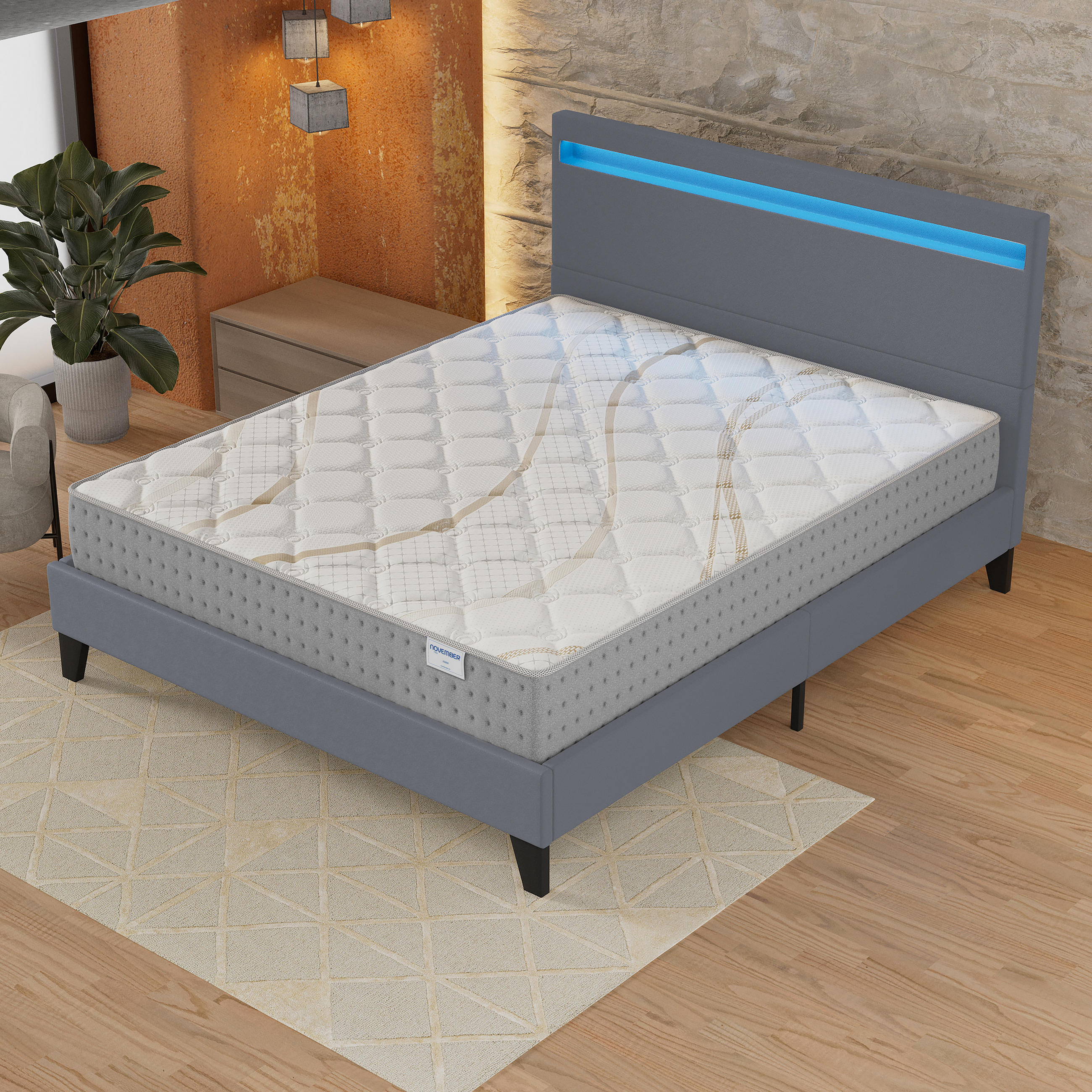 POLSTERBETT und MATRATZE - 120 x 190 cm - Taschenfederkern - 25cm dick - Grau, Naturmaterialien/Holz (120/190cm) - November Sleep