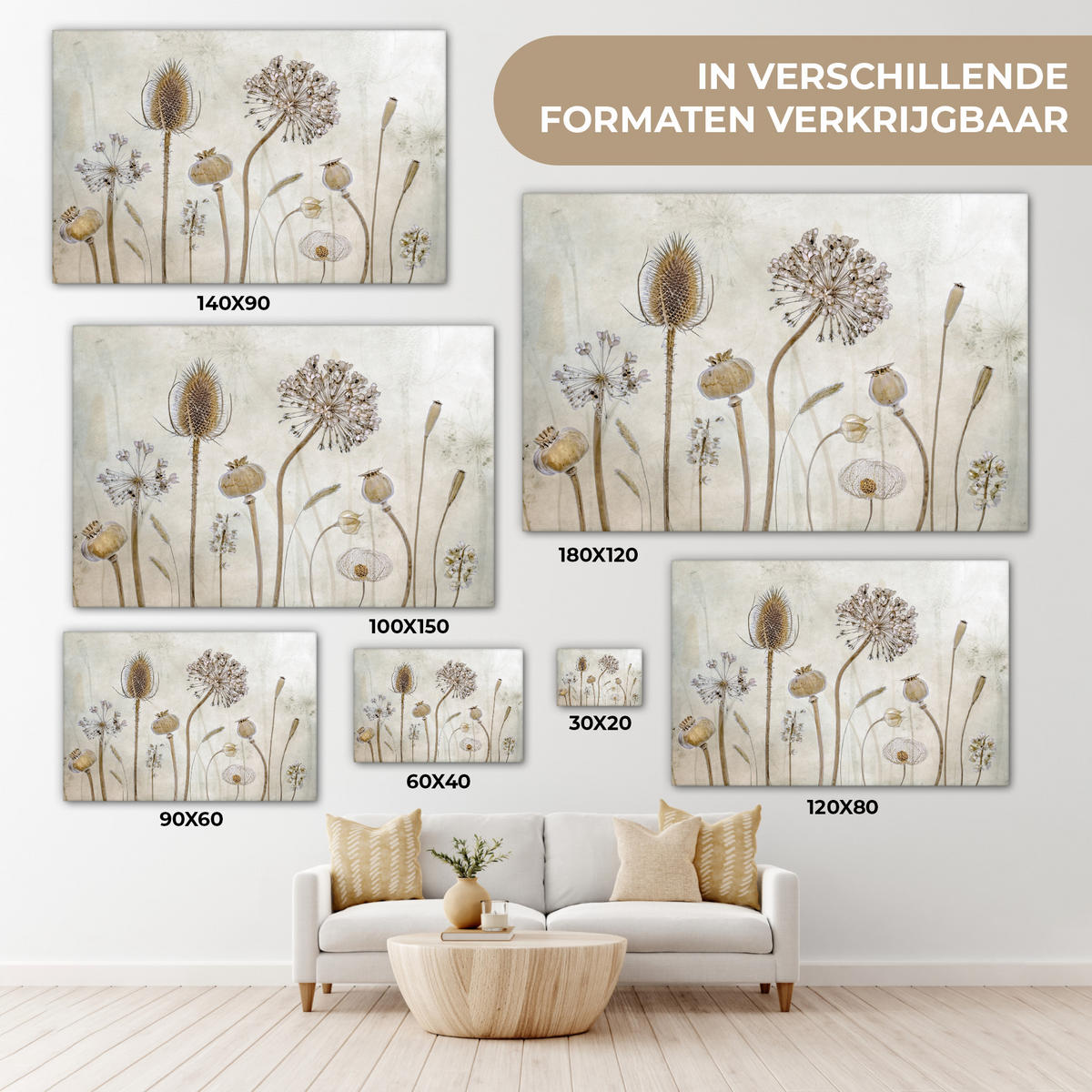 LEINWANDBILD Blumen - Aquarell - Stilleben - Braun - Vintage Deko Schlafzimmer 30x20 cm - Beige, Textil (30/20cm) - MuchoWow