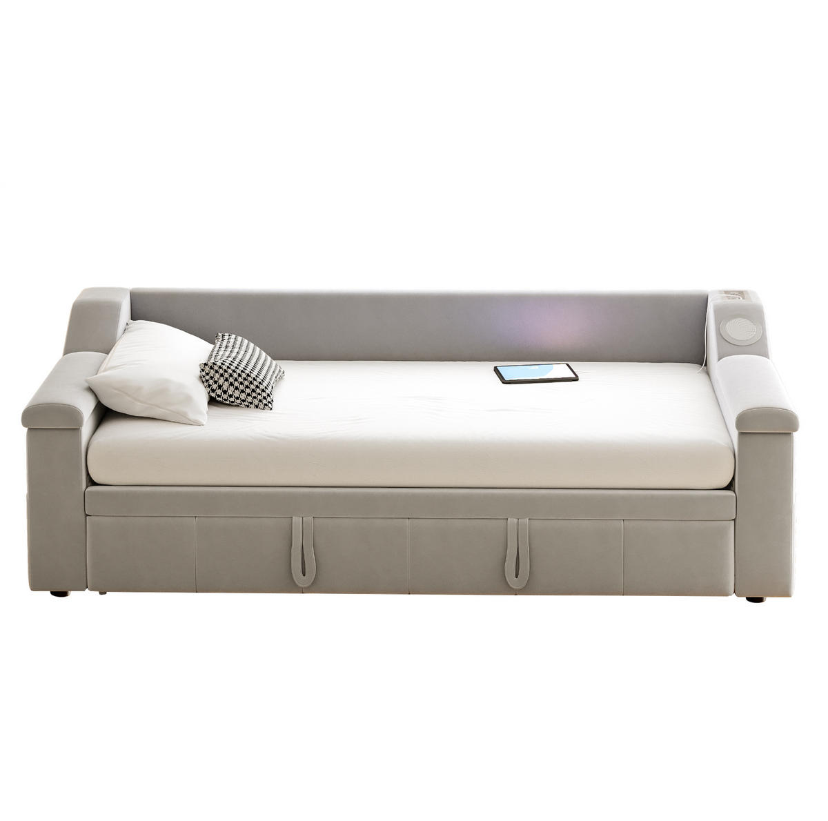 ROZKLÁDACÍ pohovka 90/190 cm šedá z veluru s Bluetooth a USB nabíjením - béžová, textil (90/190cm) - OKWISH