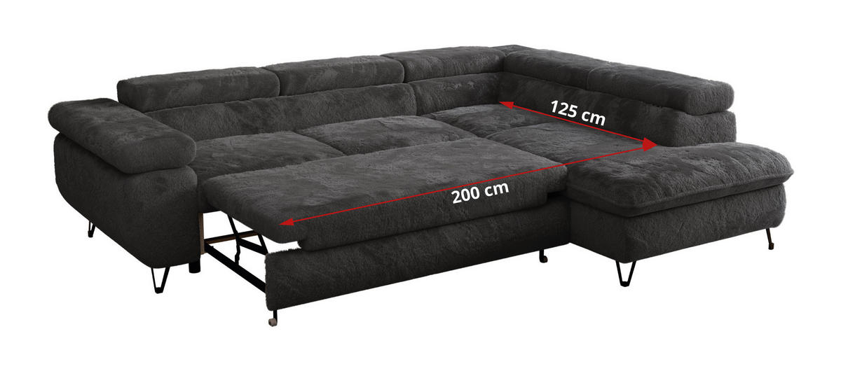 ECKSOFA PETER L Anthrazit Plüsch - Links Seite - Anthrazit/Schwarz, Textil/Metall (208/273cm) - MKS