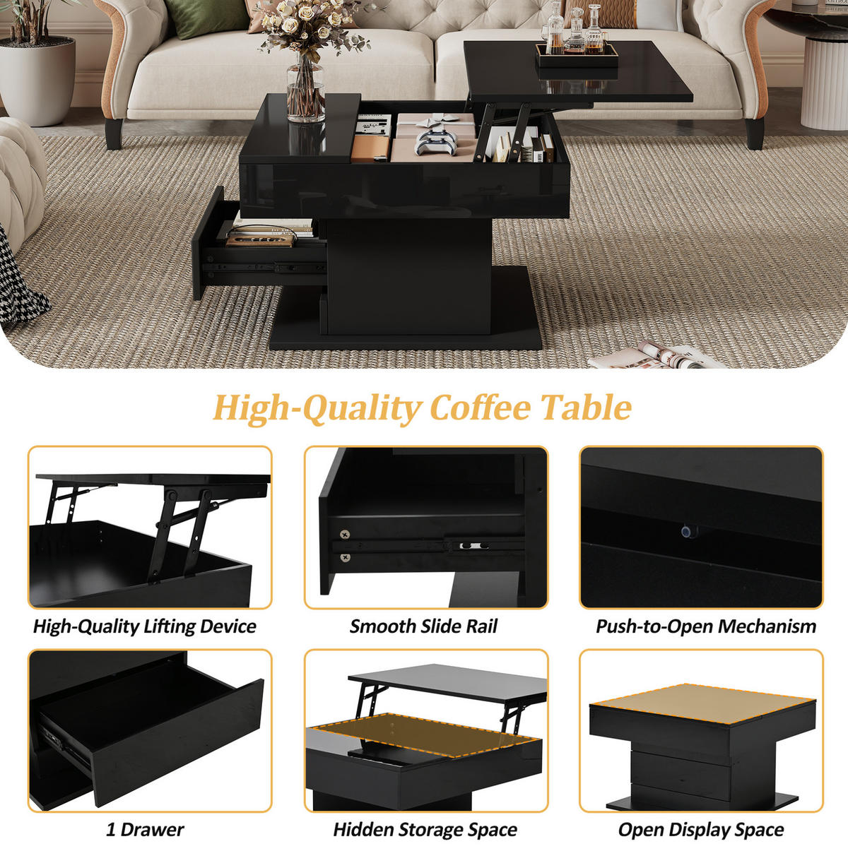 COUCHTISCH, drehbare Liftplatte, Hochglanz Schwarz, 1 Schublade & Stauraum, 70/70/45–59 cm,Schwarz - Schwarz, Holzwerkstoff (70/70/45cm) - Redom