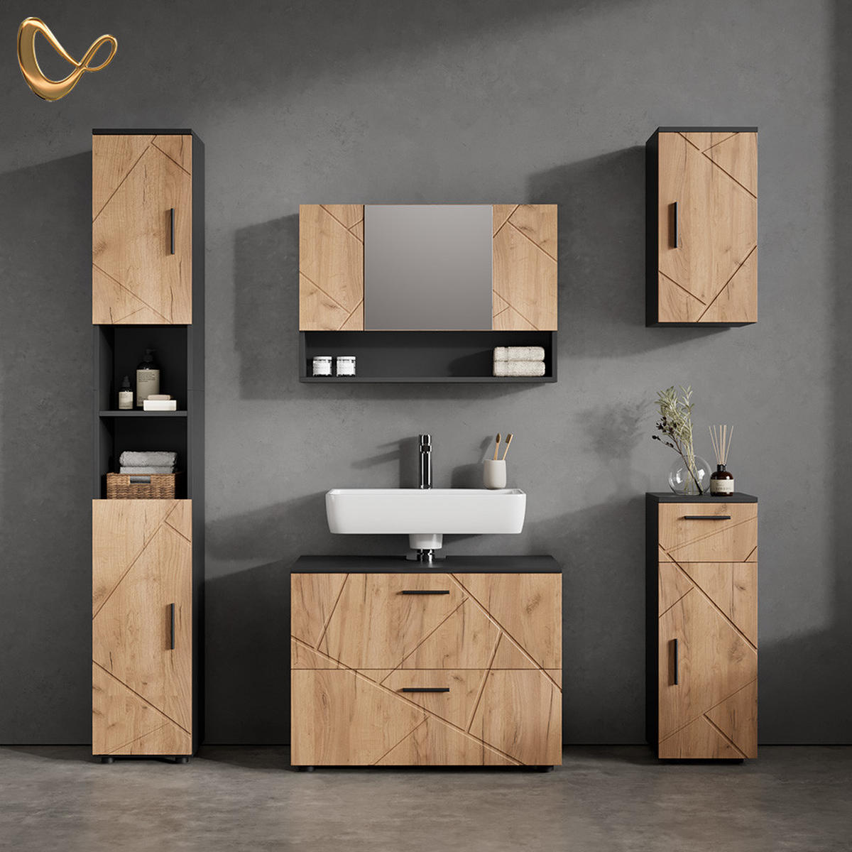 BADMÖBEL-SET Ronco Goldkraft Eiche/Anthrazit 5 Teile - Anthrazit/Eiche Wotan, Holzwerkstoff (41/80/58cm) - Livinity®